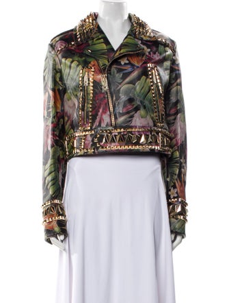 Philipp Plein Calf Leather Floral Print Biker Jacket w/ Tags
