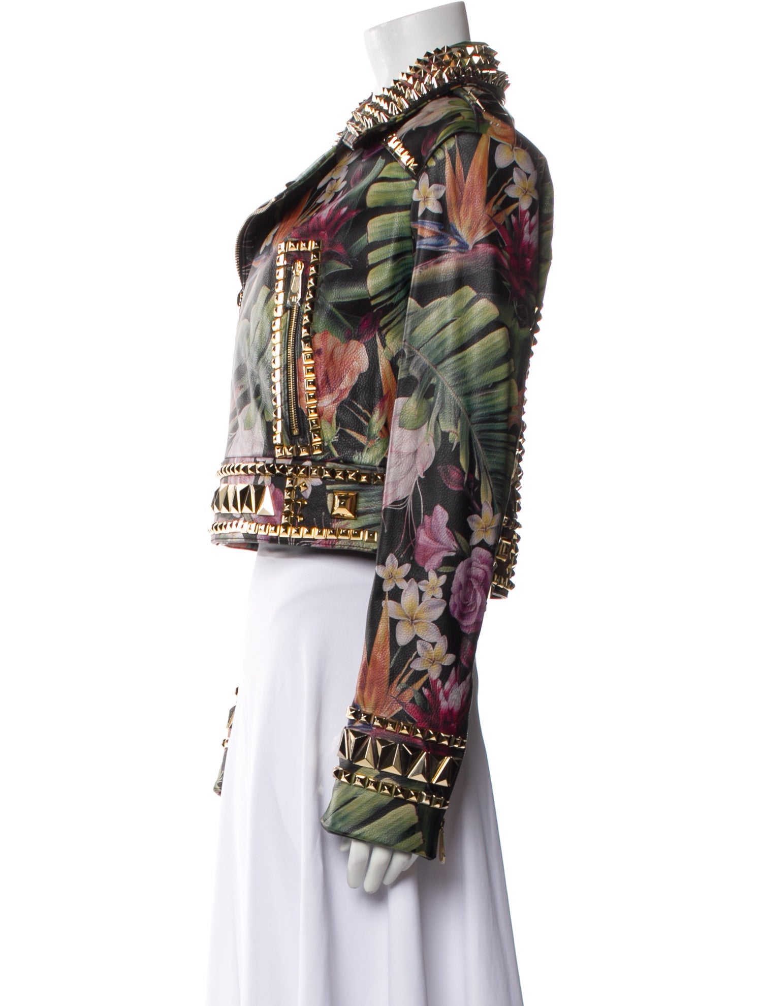 Philipp Plein Calf Leather Floral Print Biker Jacket w/ Tags