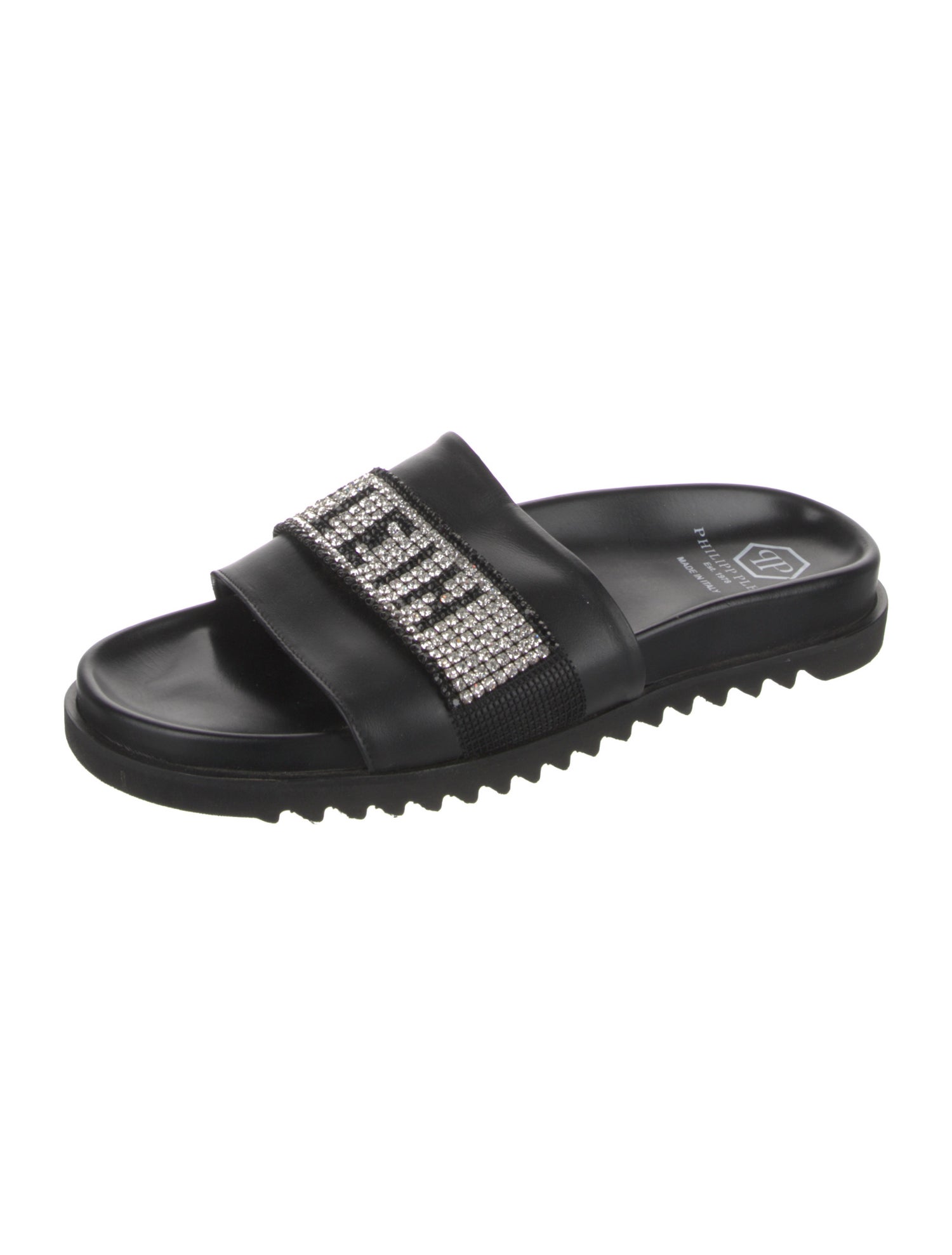 Philipp Plein Leather Crystal Embellishments Slides