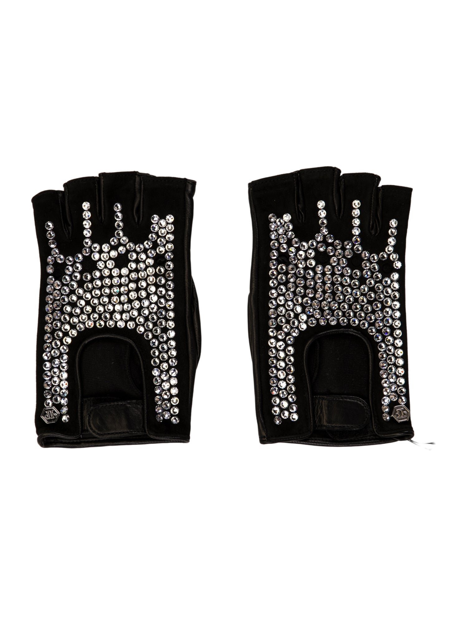 Philipp Plein Black Leather Crystal Accent Gloves