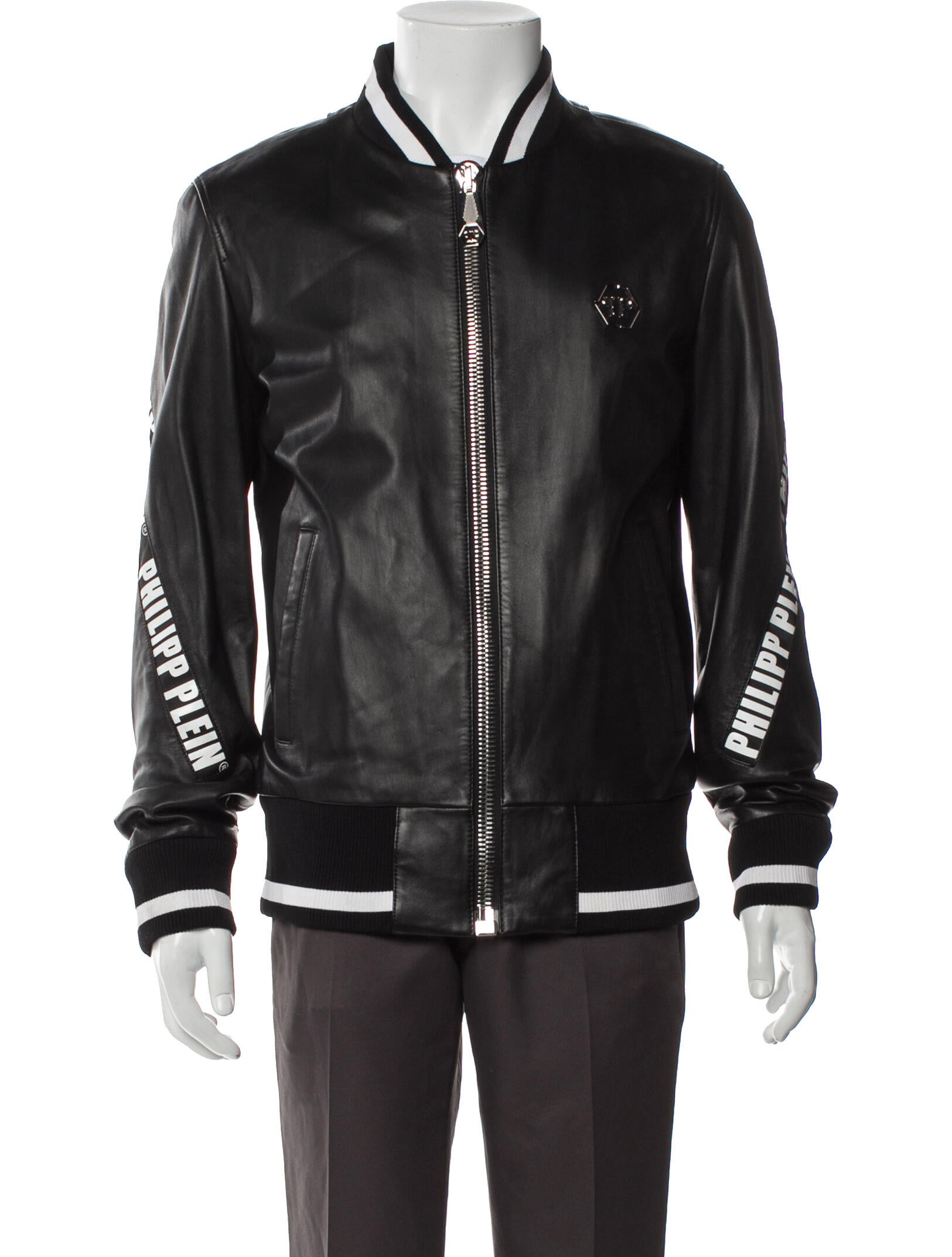 Philipp Plein Lamb Leather Striped Bomber Jacket