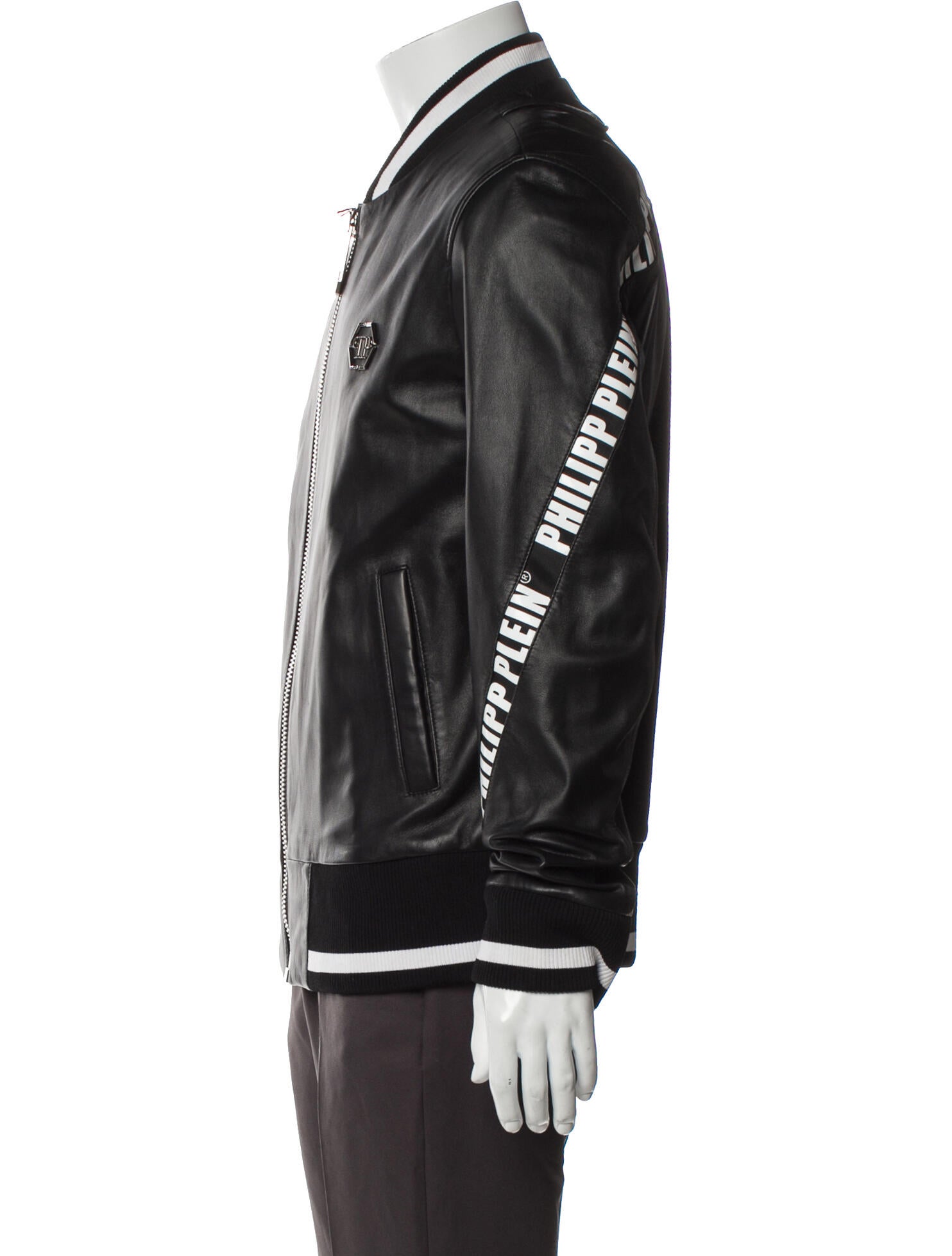 Philipp Plein Lamb Leather Striped Bomber Jacket
