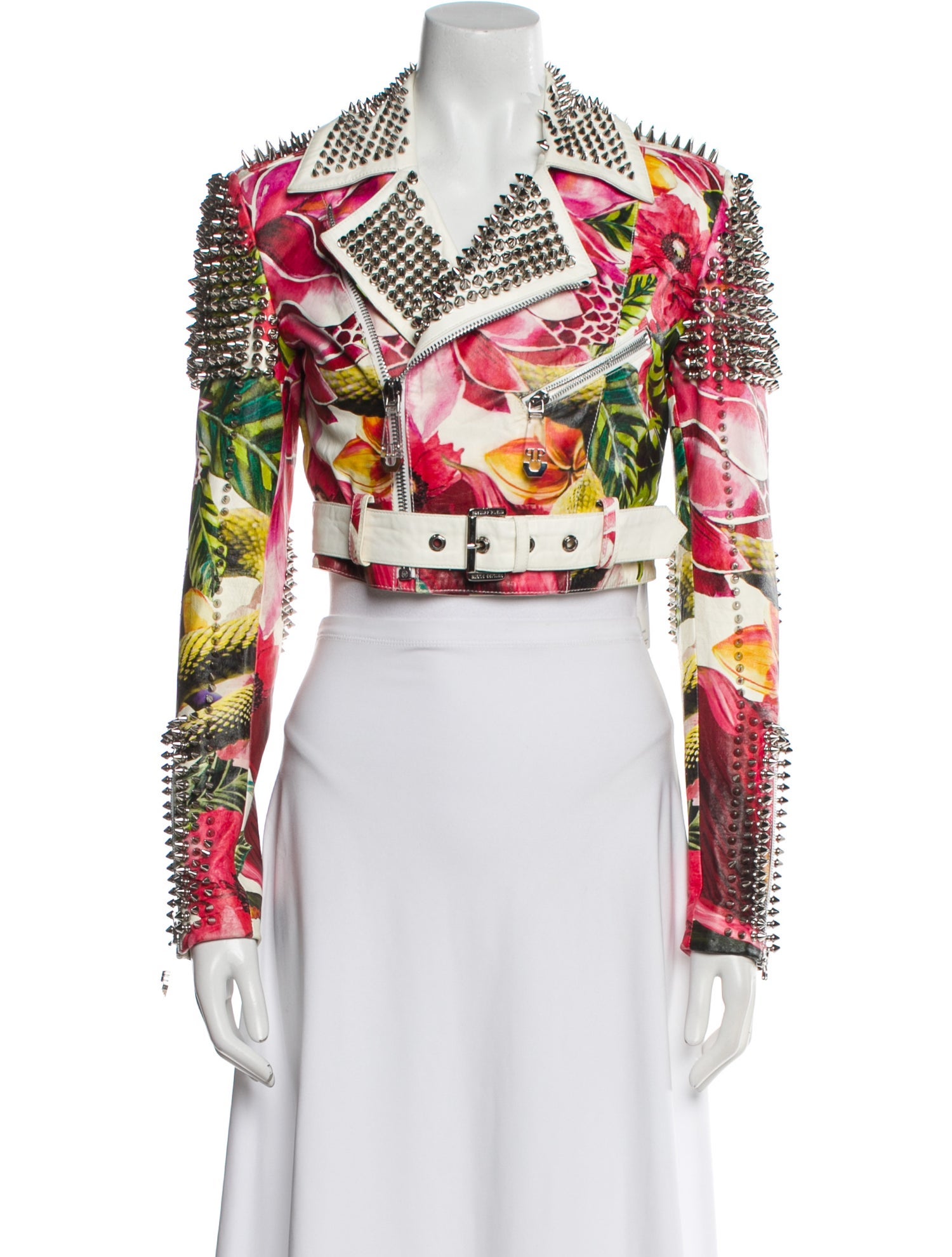 Philipp Plein Lamb Leather Floral Print Biker Jacket