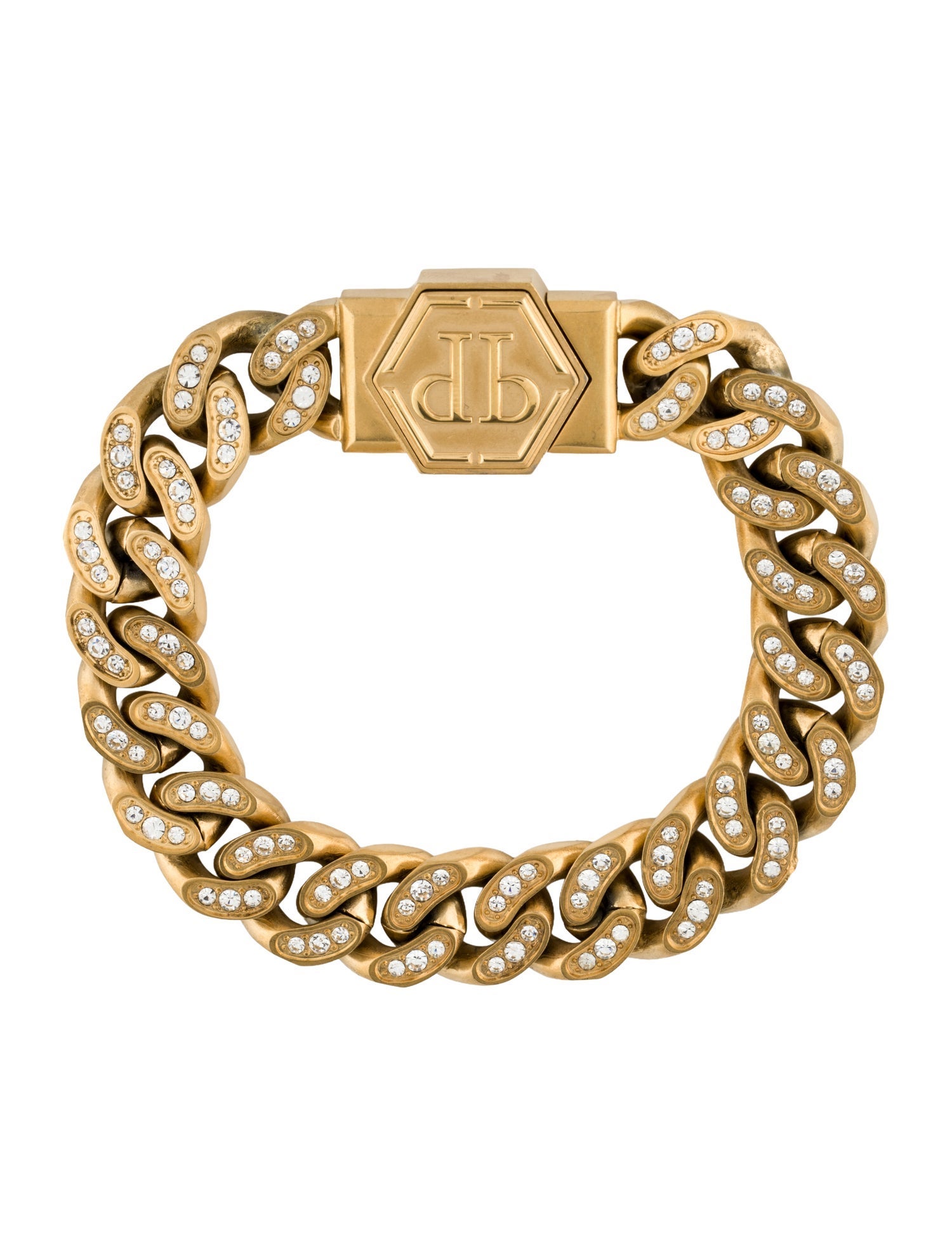 Philipp Plein Crystal Hexagon Logo Cuban Link Bracelet