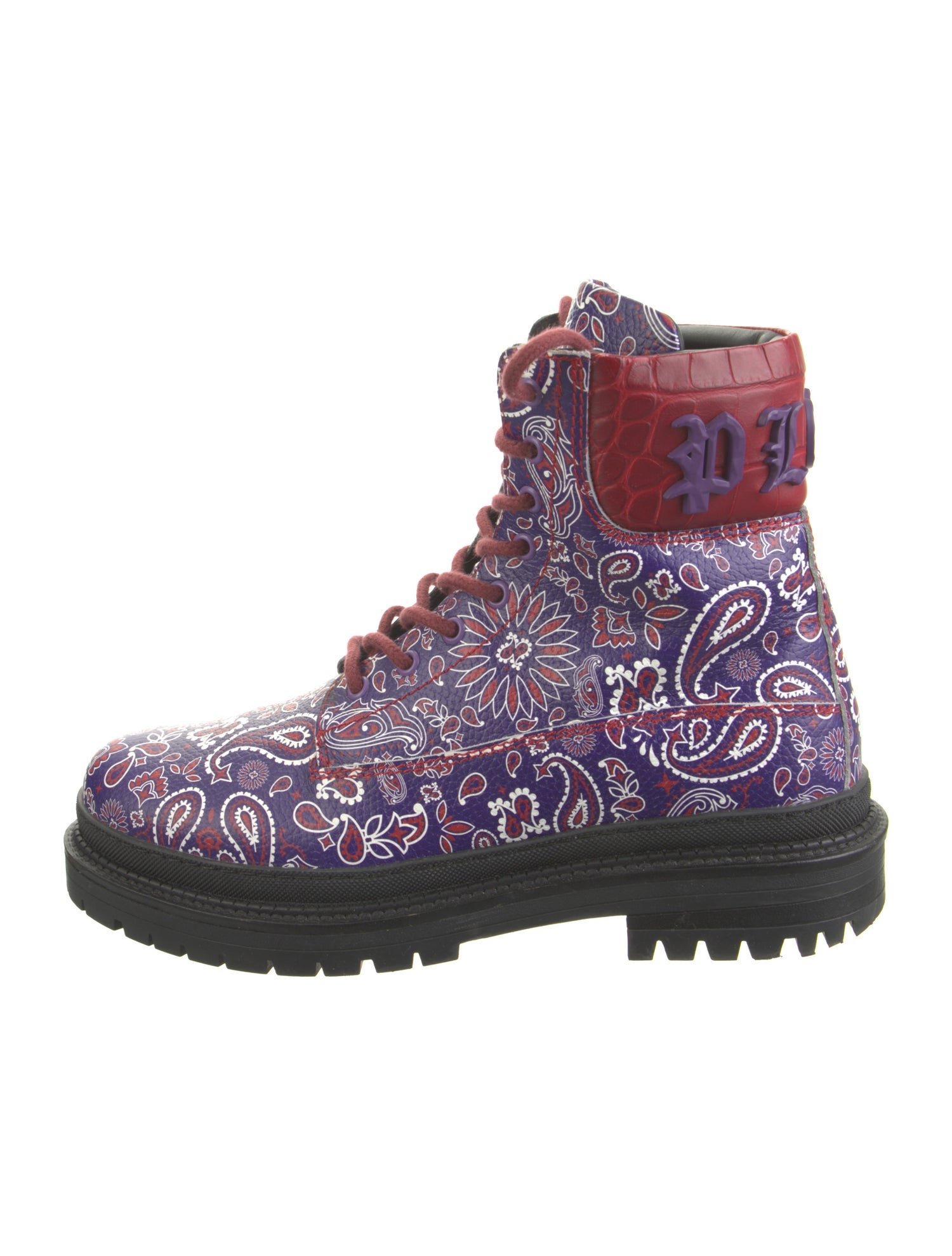Philipp Plein Leather Paisley Print Lace-Up Boots