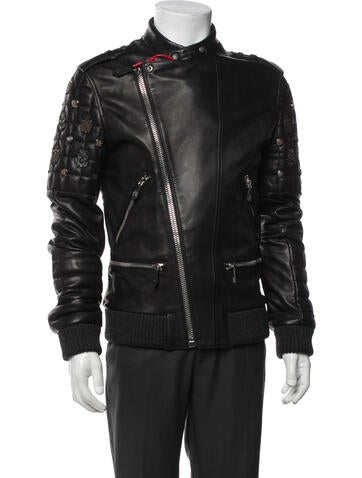 Pre-owned Philipp Plein Lamb Leather Moto Jacket In Gray