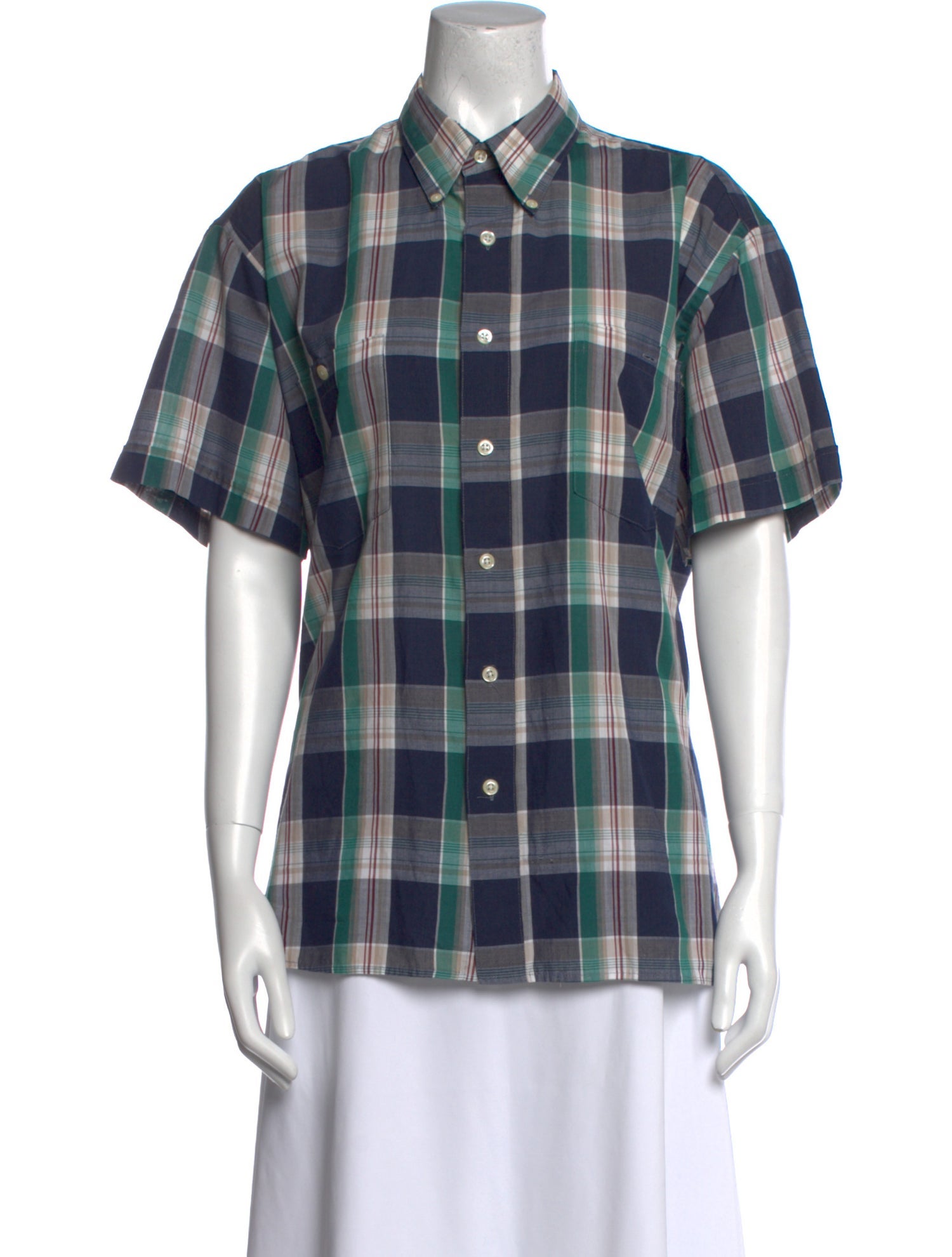 Pierre Cardin Plaid Print Short Sleeve Button-Up Top