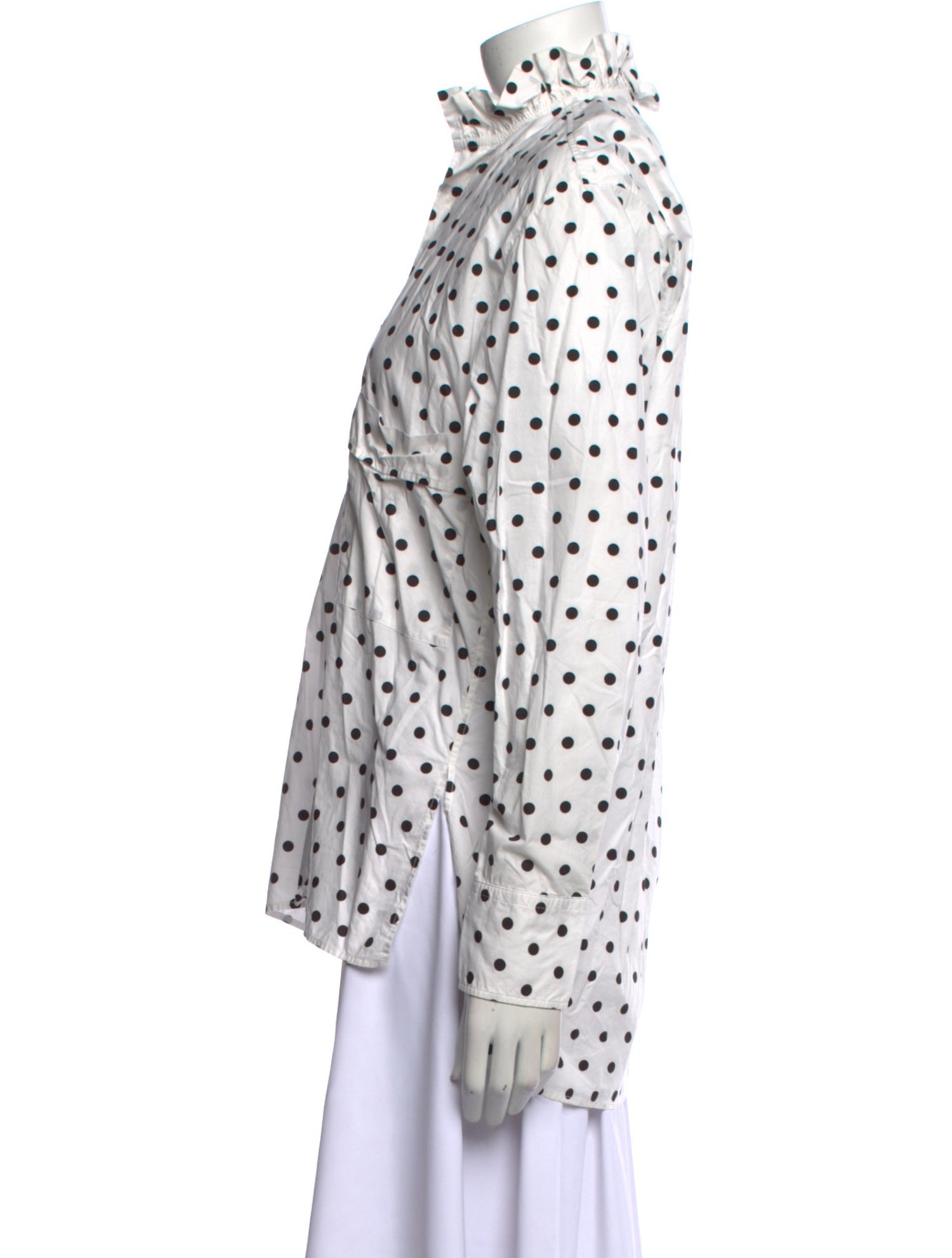 PLAN C Polka Dot Print Mock Neck Button-Up Top