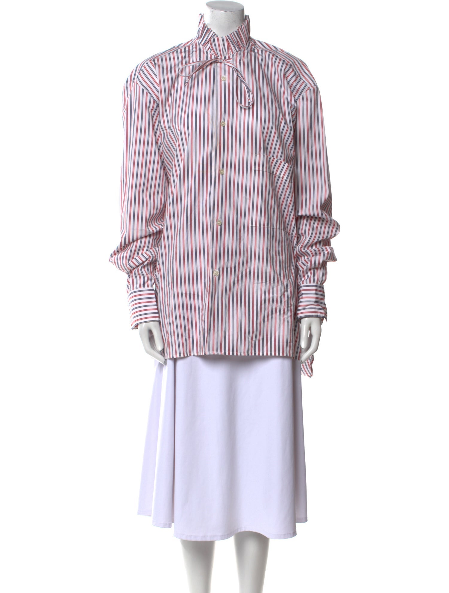 PLAN C Striped Mock Neck Button-Up Top