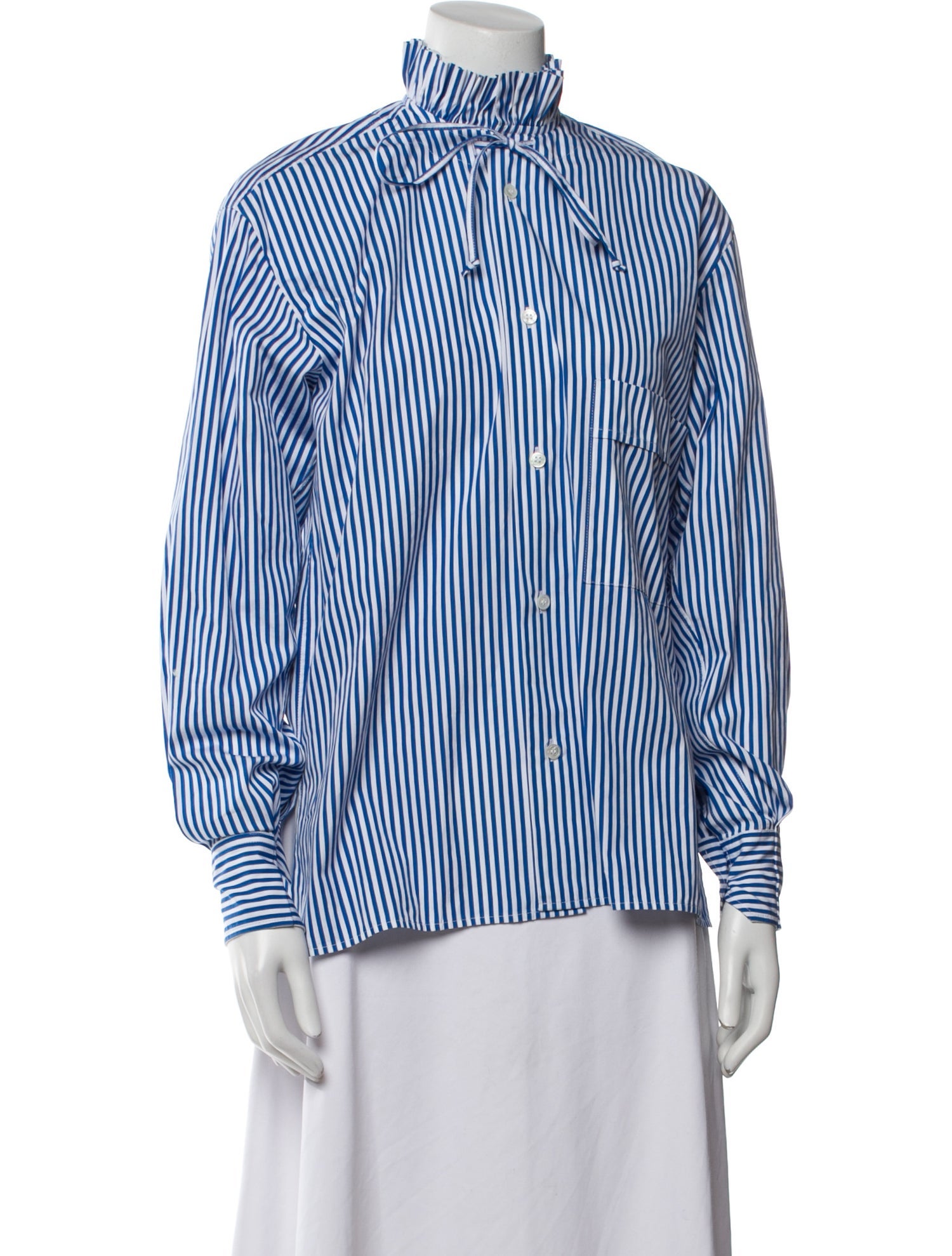 PLAN C Striped Mock Neck Button-Up Top