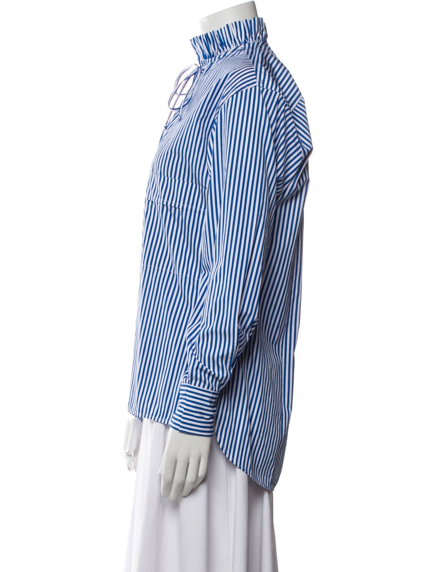 PLAN C Striped Mock Neck Button-Up Top