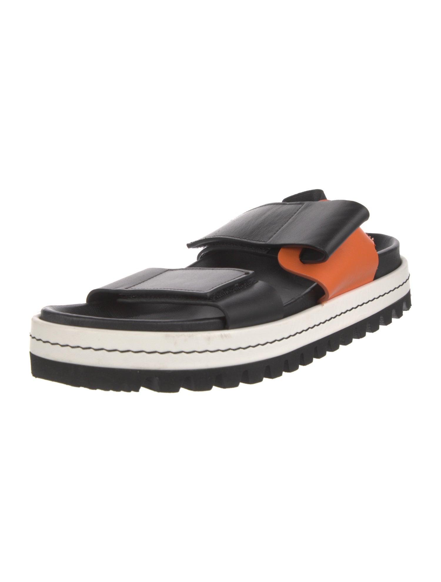 PLAN C Leather Colorblock Pattern Slingback Sandals