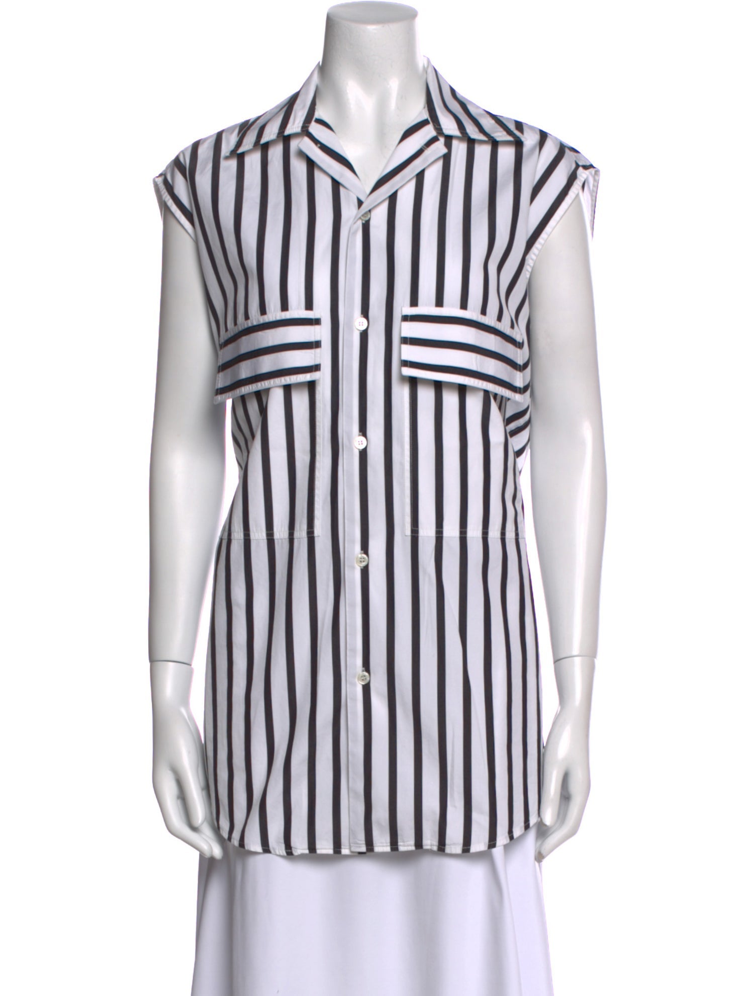 PLAN C Striped Short Sleeve Button-Up Top