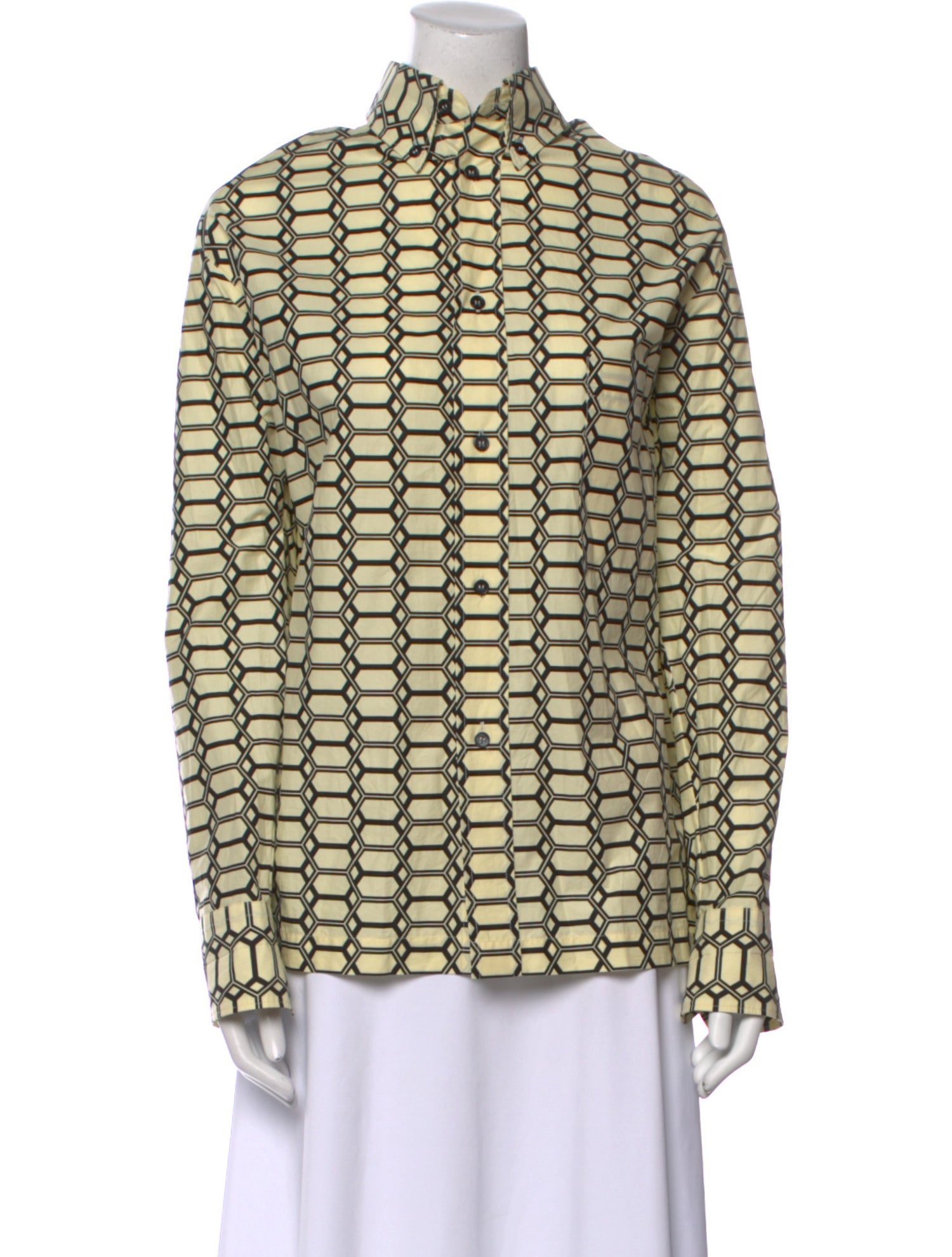 PLAN C Printed Mock Neck Button-Up Top