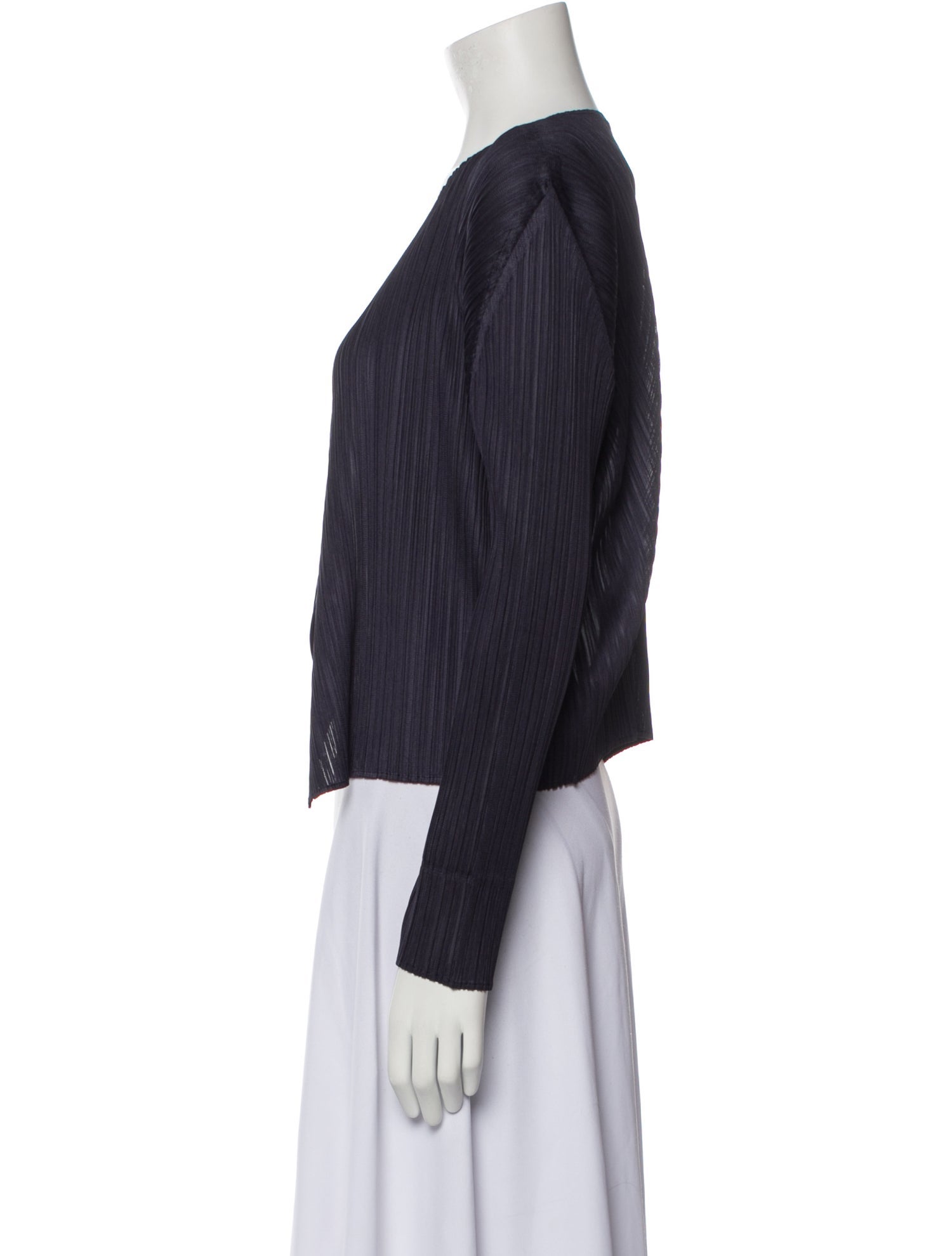 Pleats Please Issey Miyake V-Neck Long Sleeve Crop Top - Blue Tops