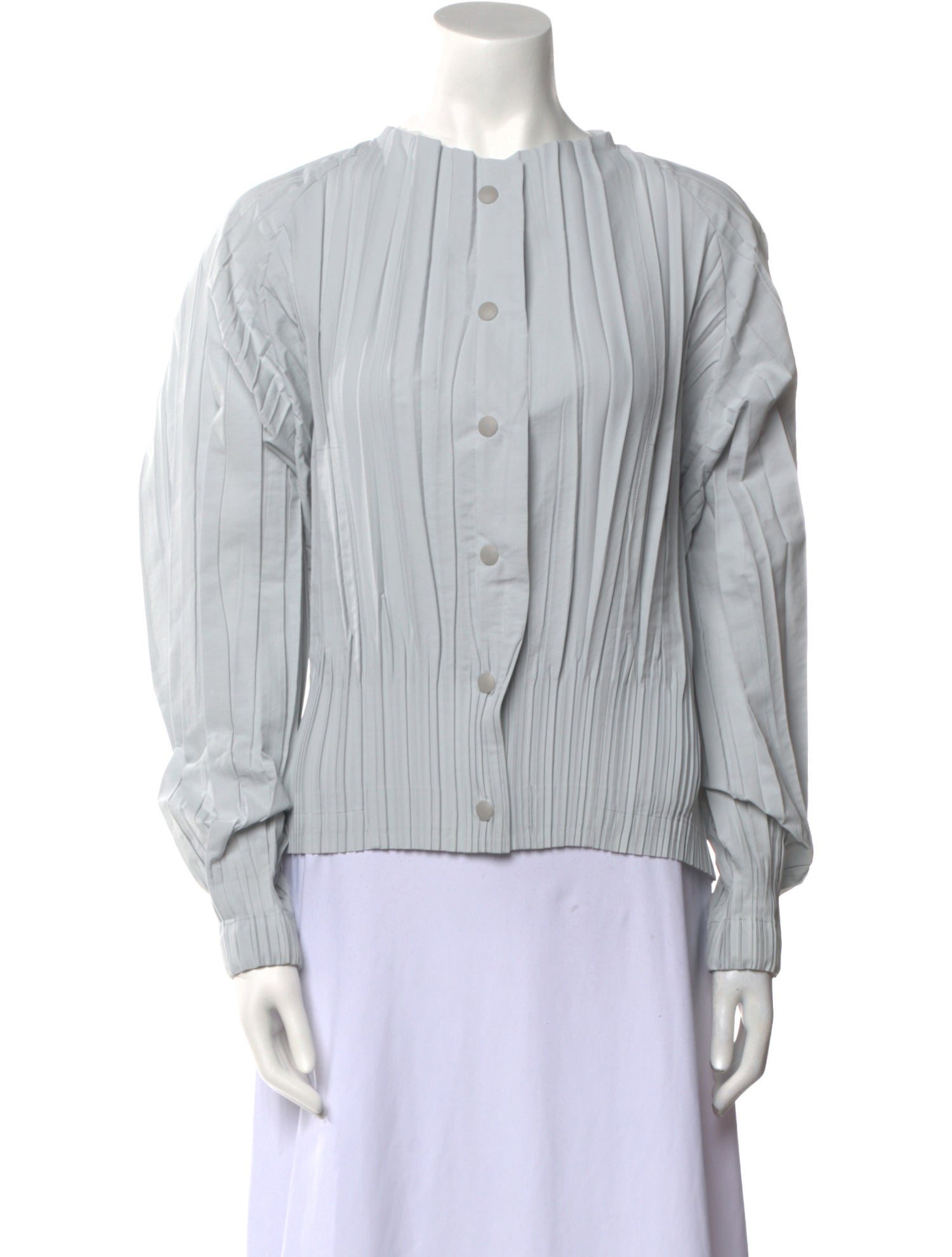 Pleats Please Issey Miyake Striped Mock Neck Button-Up Top