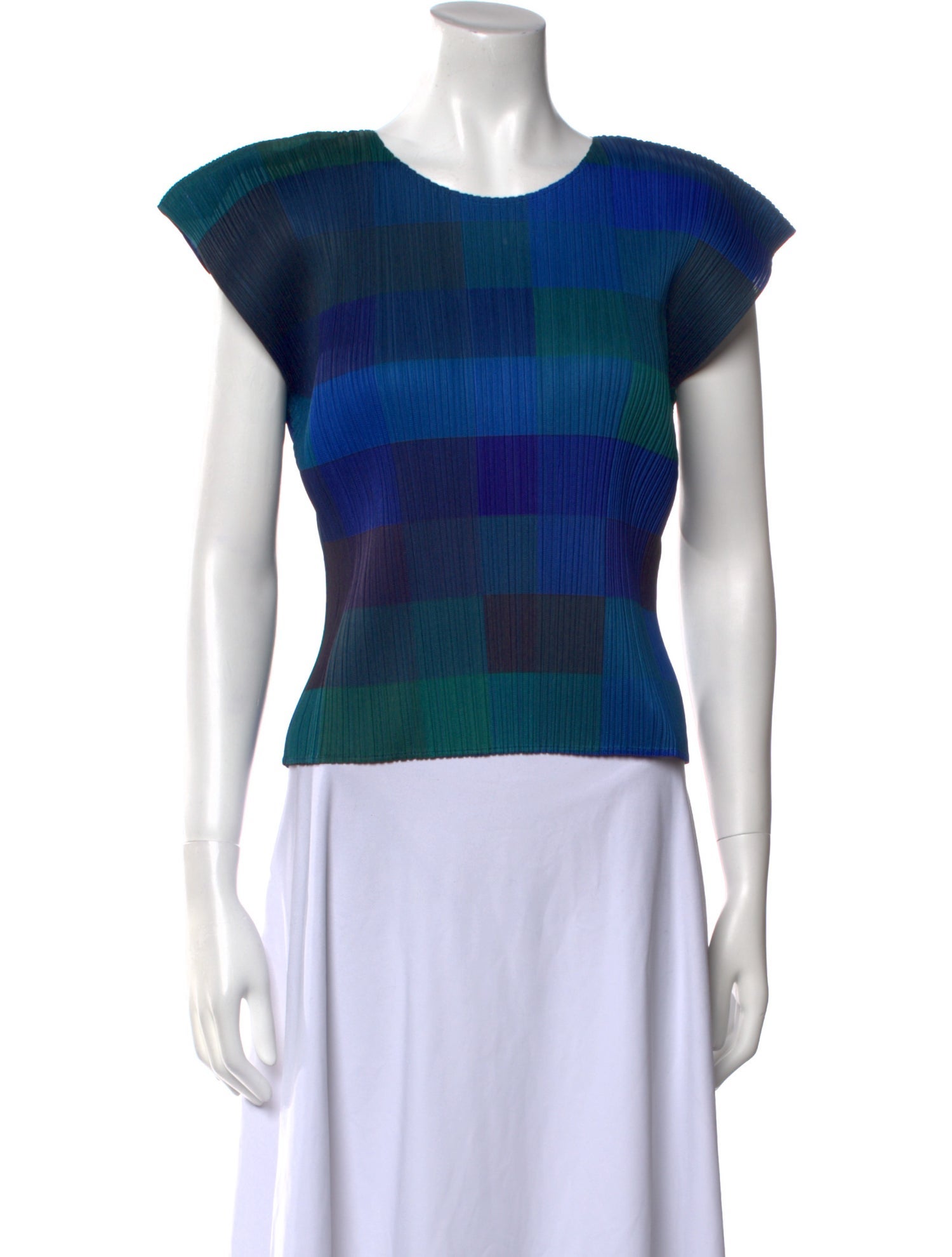 Pleats Please Issey Miyake Plaid Print Crew Neck Crop Top