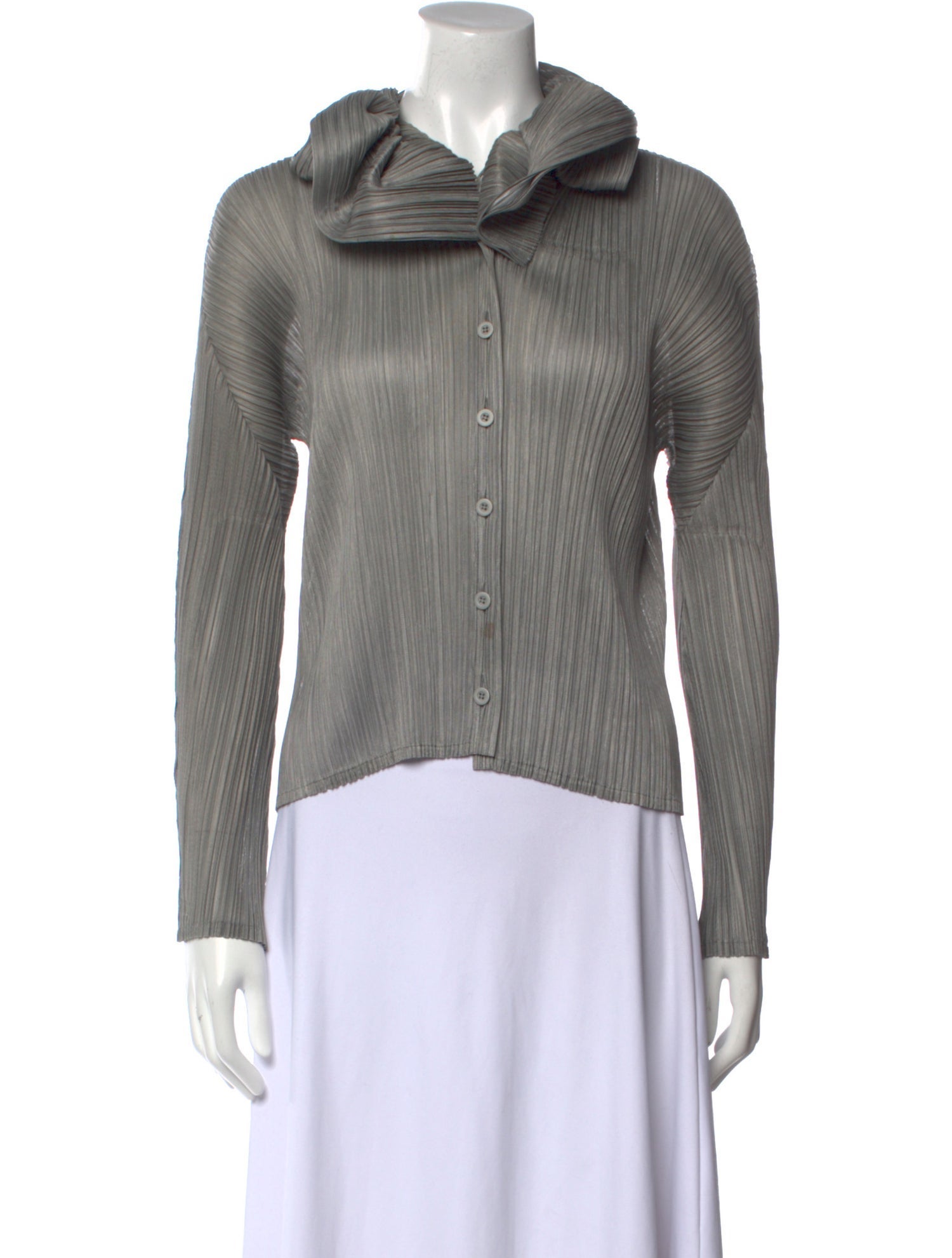 Pleats Please Issey Miyake Cowl Neck Long Sleeve Button-Up Top