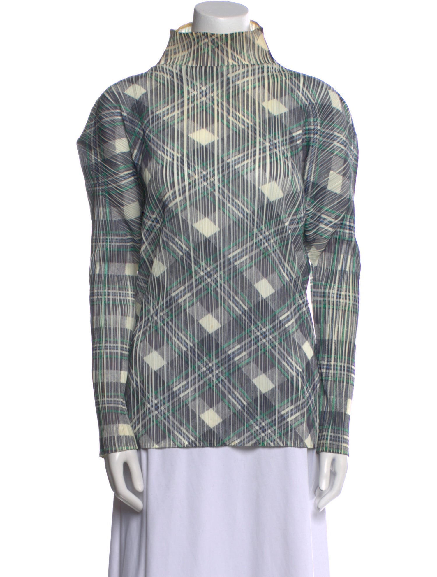 Pleats Please Issey Miyake Plaid Print Mock Neck Blouse