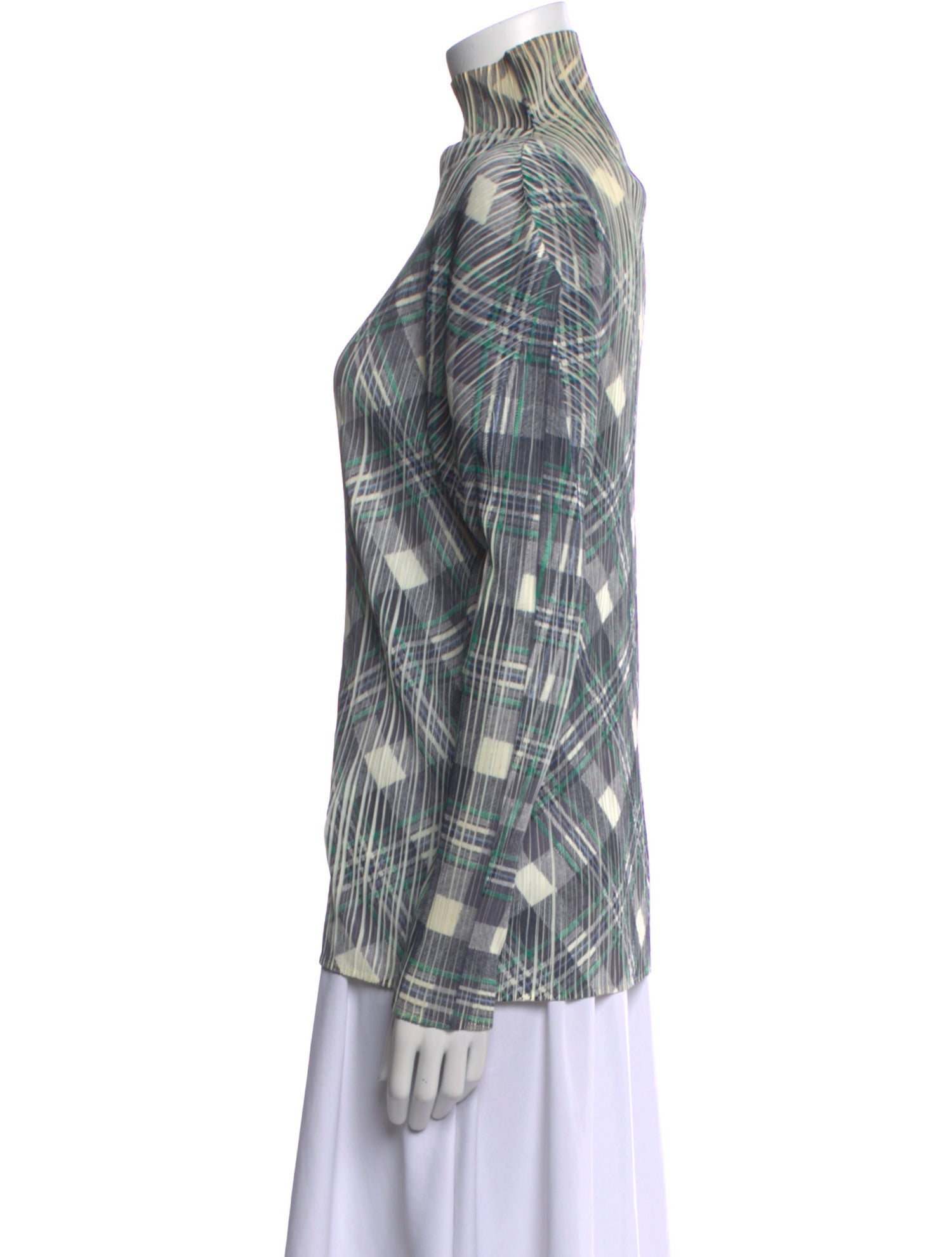 Pleats Please Issey Miyake Plaid Print Mock Neck Blouse