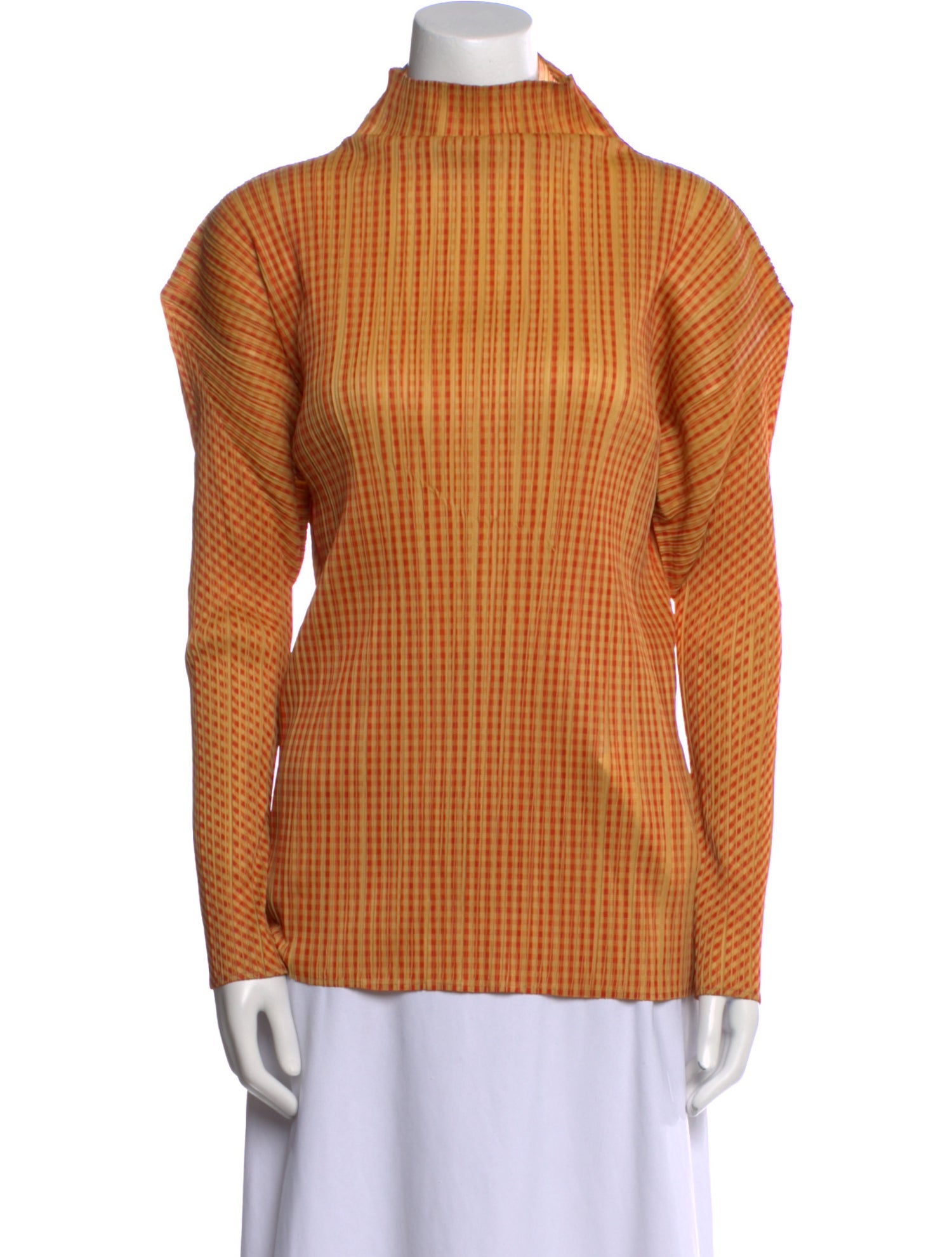 Pleats Please Issey Miyake Plaid Print Mock Neck Top