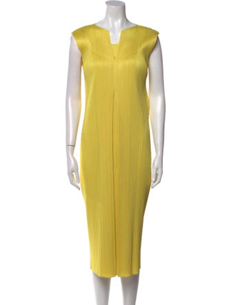 Pleats Please Issey Miyake V-Neck Midi Length Dress