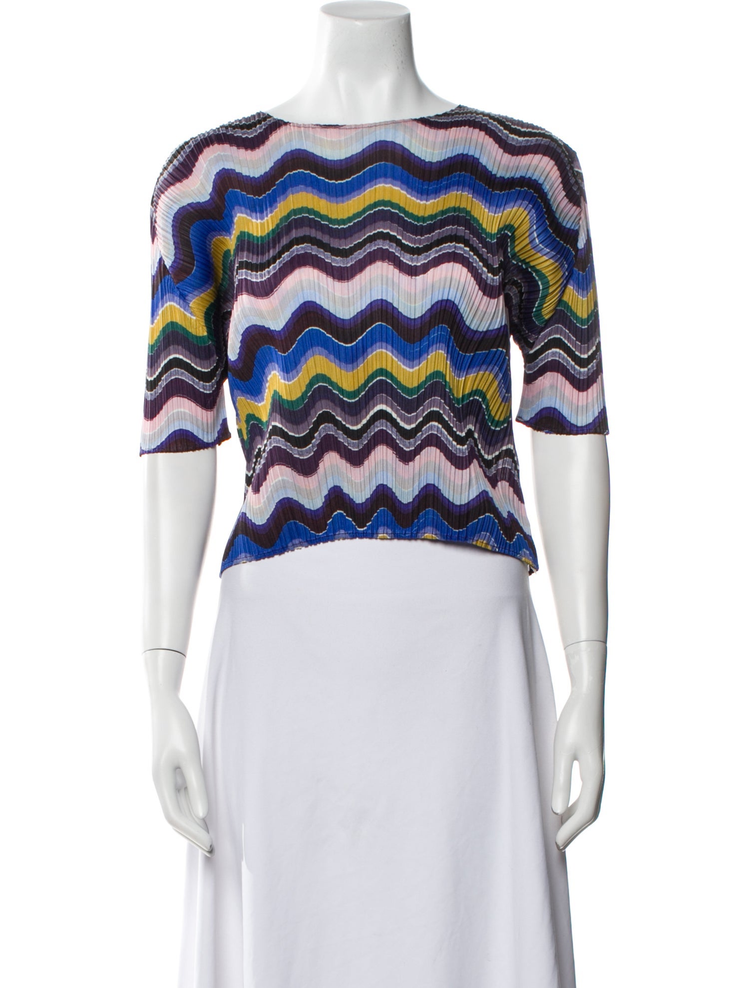 Pleats Please Issey Miyake Striped Bateau Neckline Crop Top