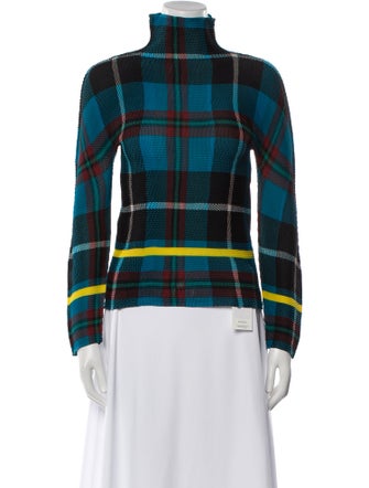 Pleats Please Issey Miyake Plaid Print Mock Neck Top