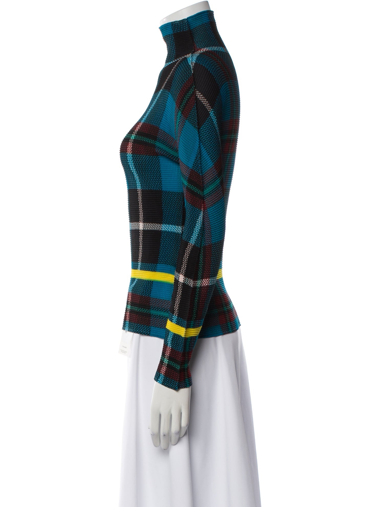 Pleats Please Issey Miyake Plaid Print Mock Neck Top
