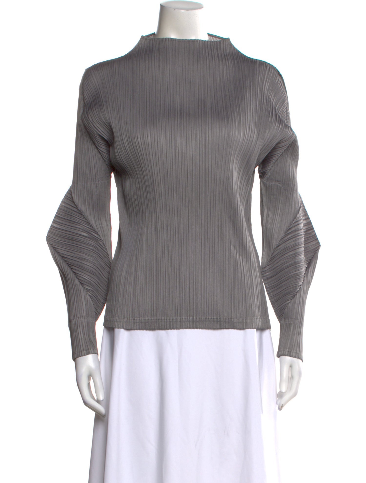 Pleats Please Issey Miyake Mock Neck Long Sleeve Top - Grey Tops