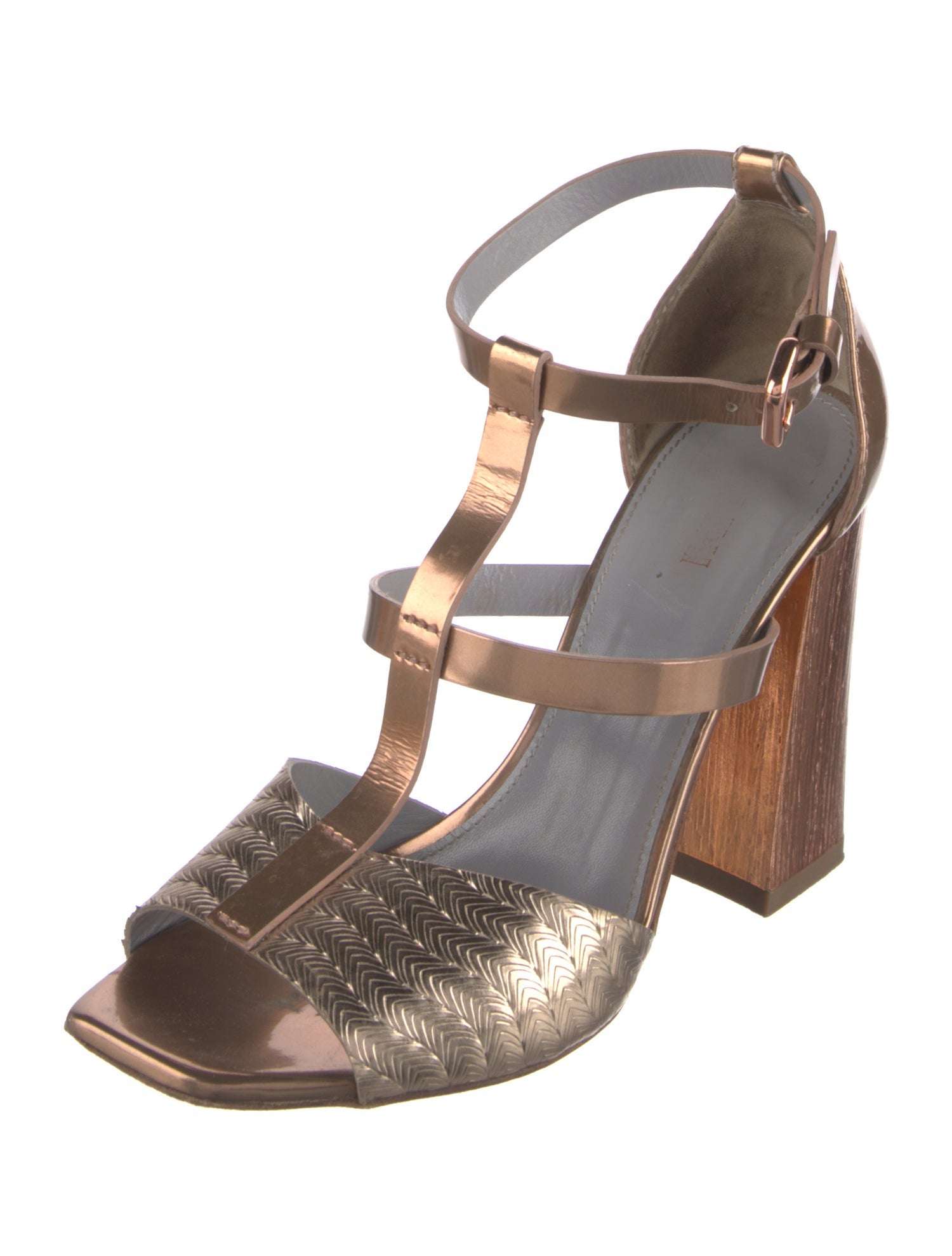 Pollini Leather Striped T-Strap Sandals