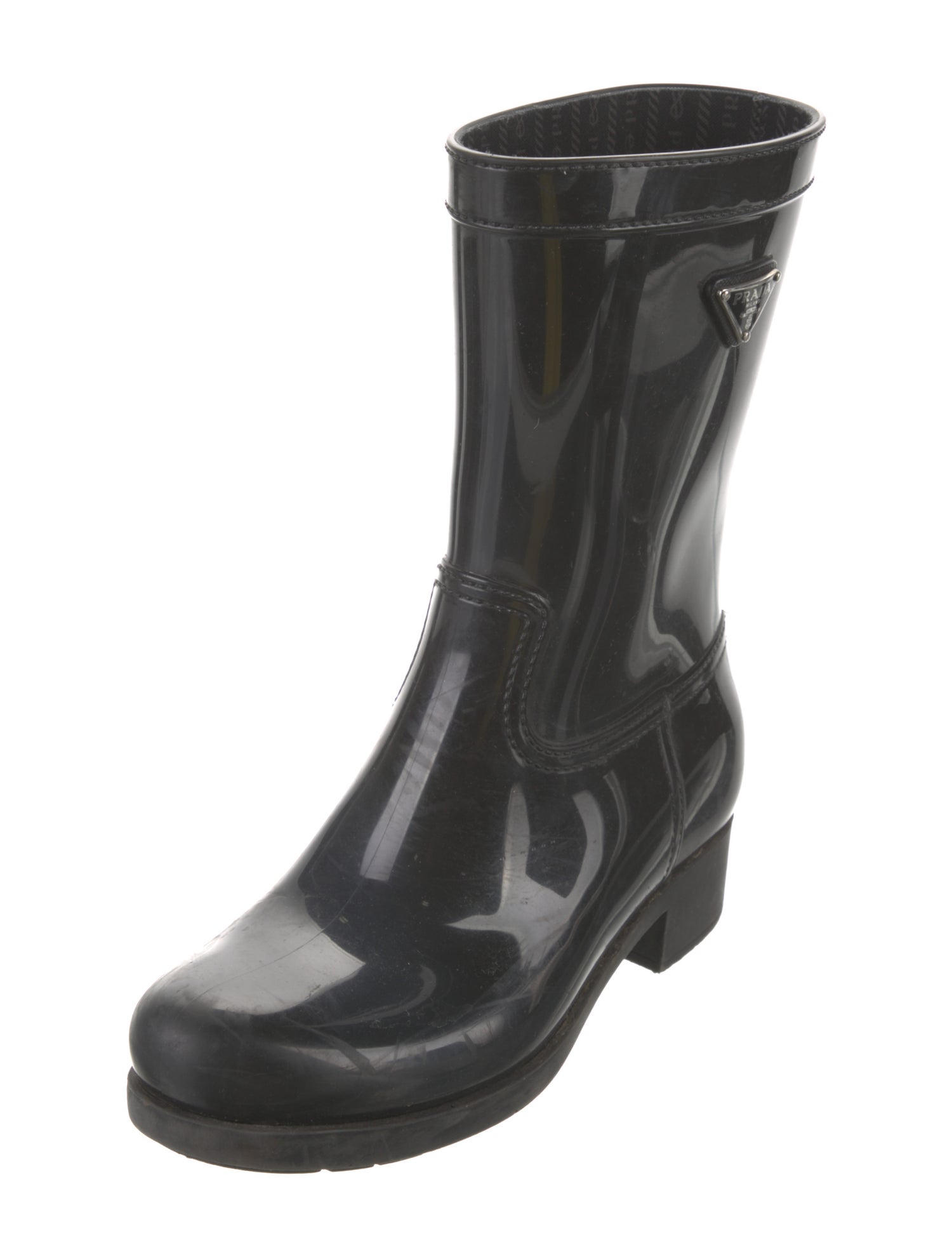 Prada Sport Enameled Metal Triangle Rubber Rain Boots