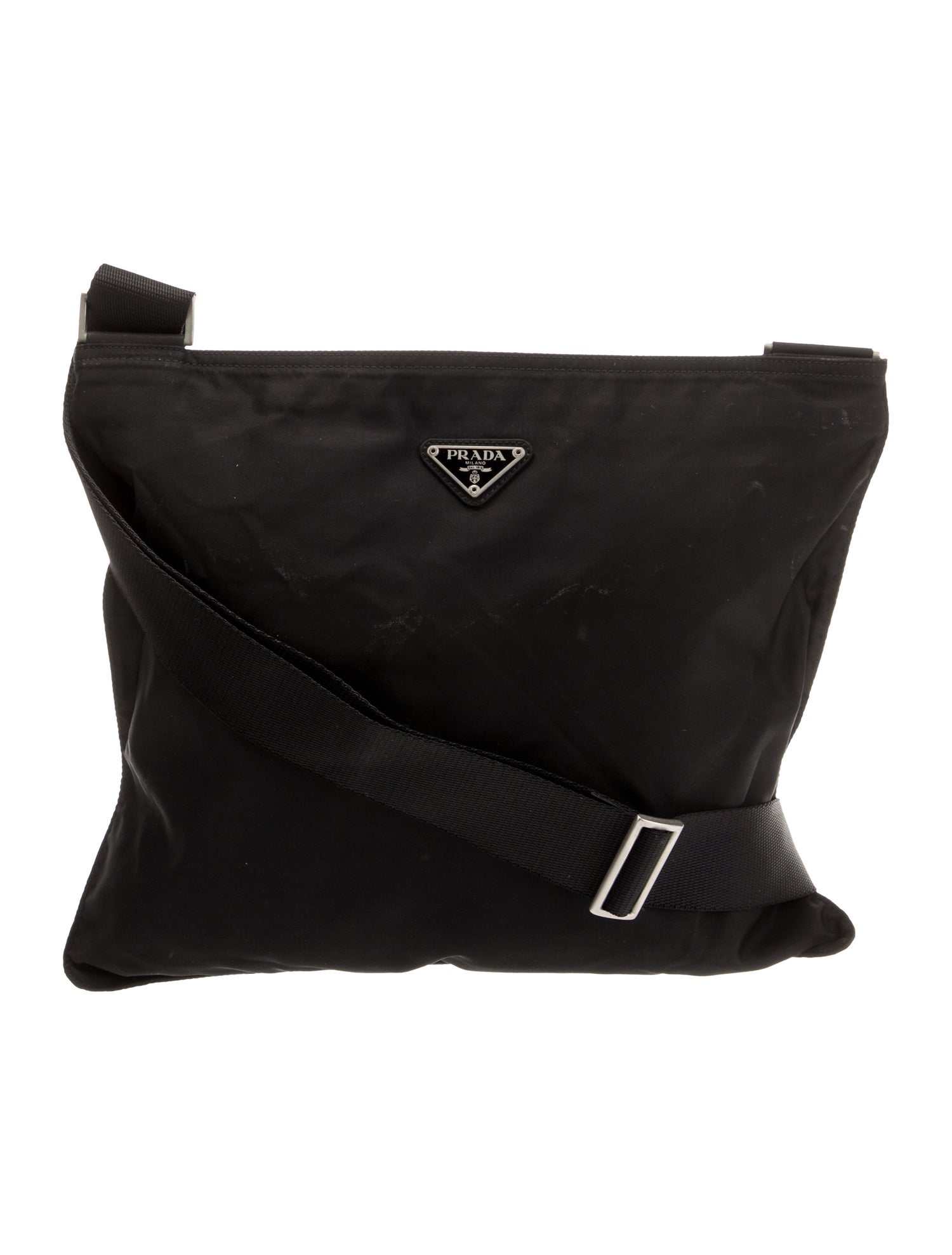 Prada Enameled Metal Triangle Tessuto Flat Messenger Bag Vintage