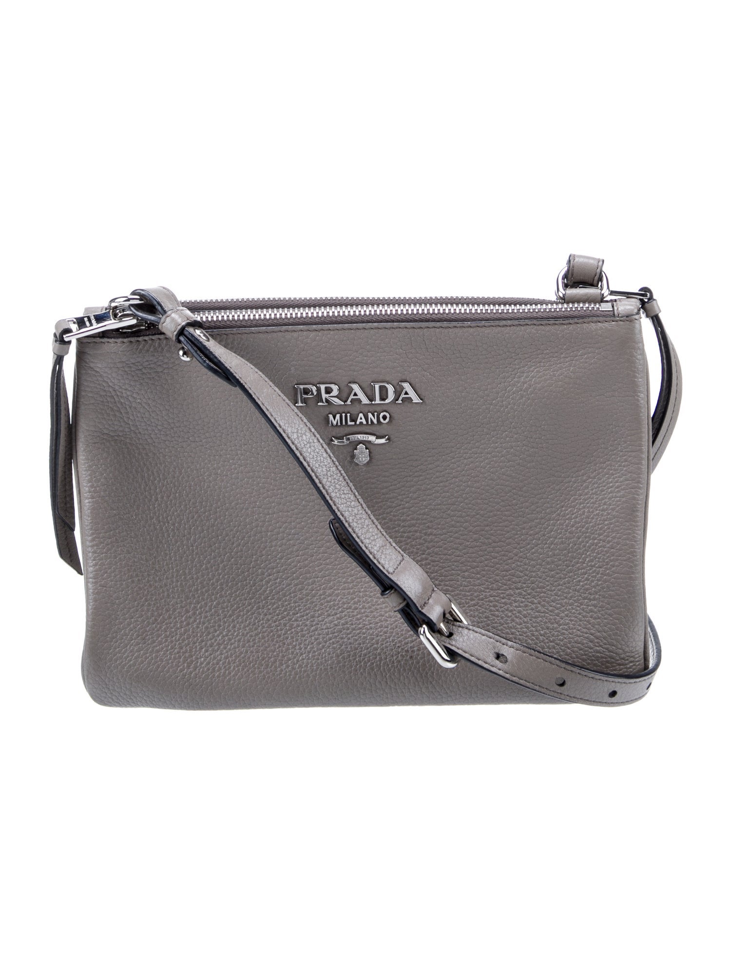 Prada Vitello Phenix Leather Double Zip Grey Crossbody Bags, Handbags