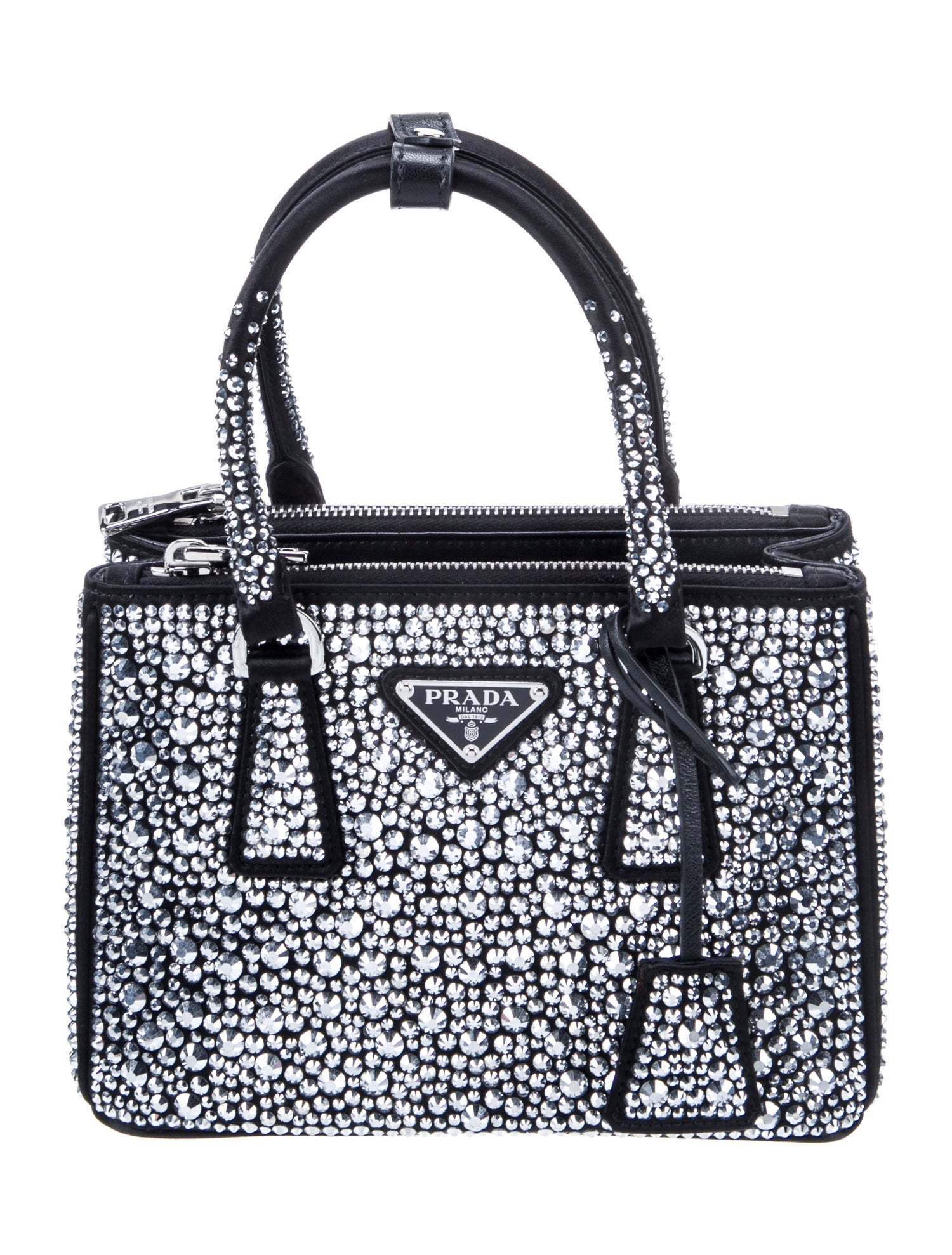 Prada Enameled Metal Triangle Galleria Double Zip Mini Black Totes