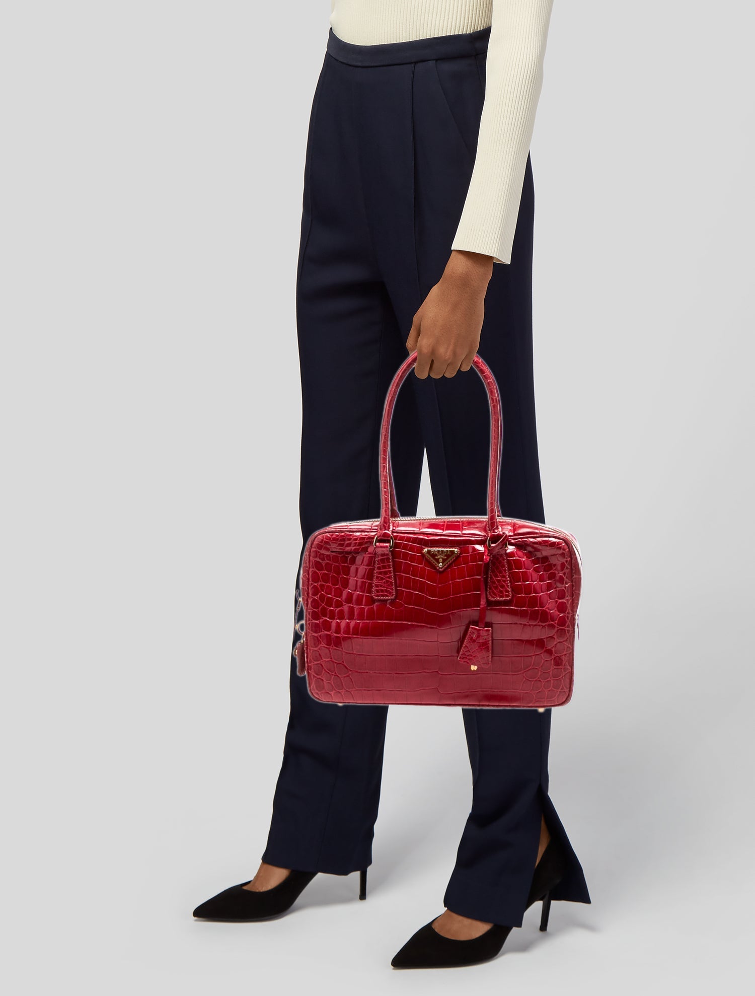 Prada Coccodrillo Cocco Lucido Bauletto Bag - Red Handle Bags
