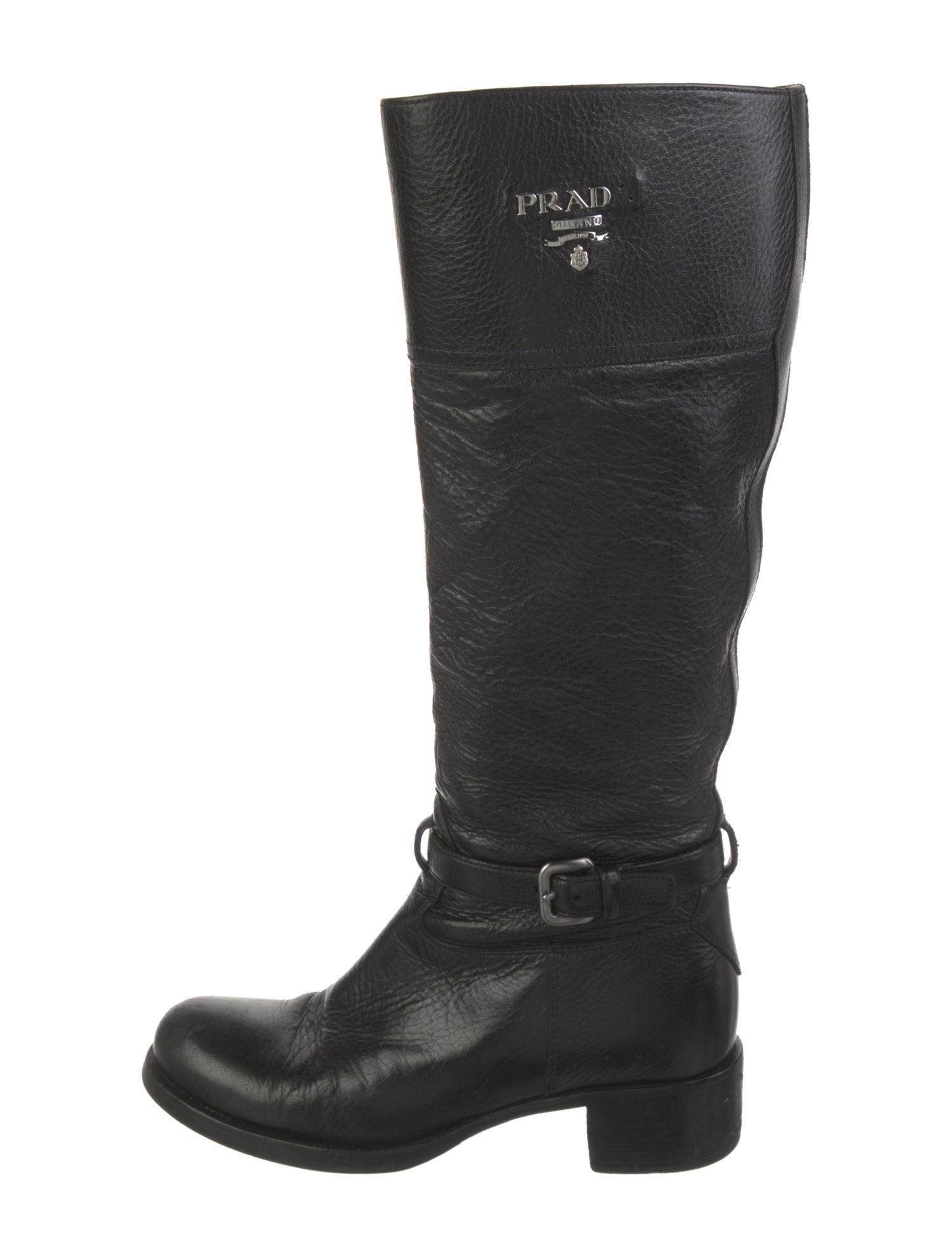 Prada Leather Graphic Print Riding Boots