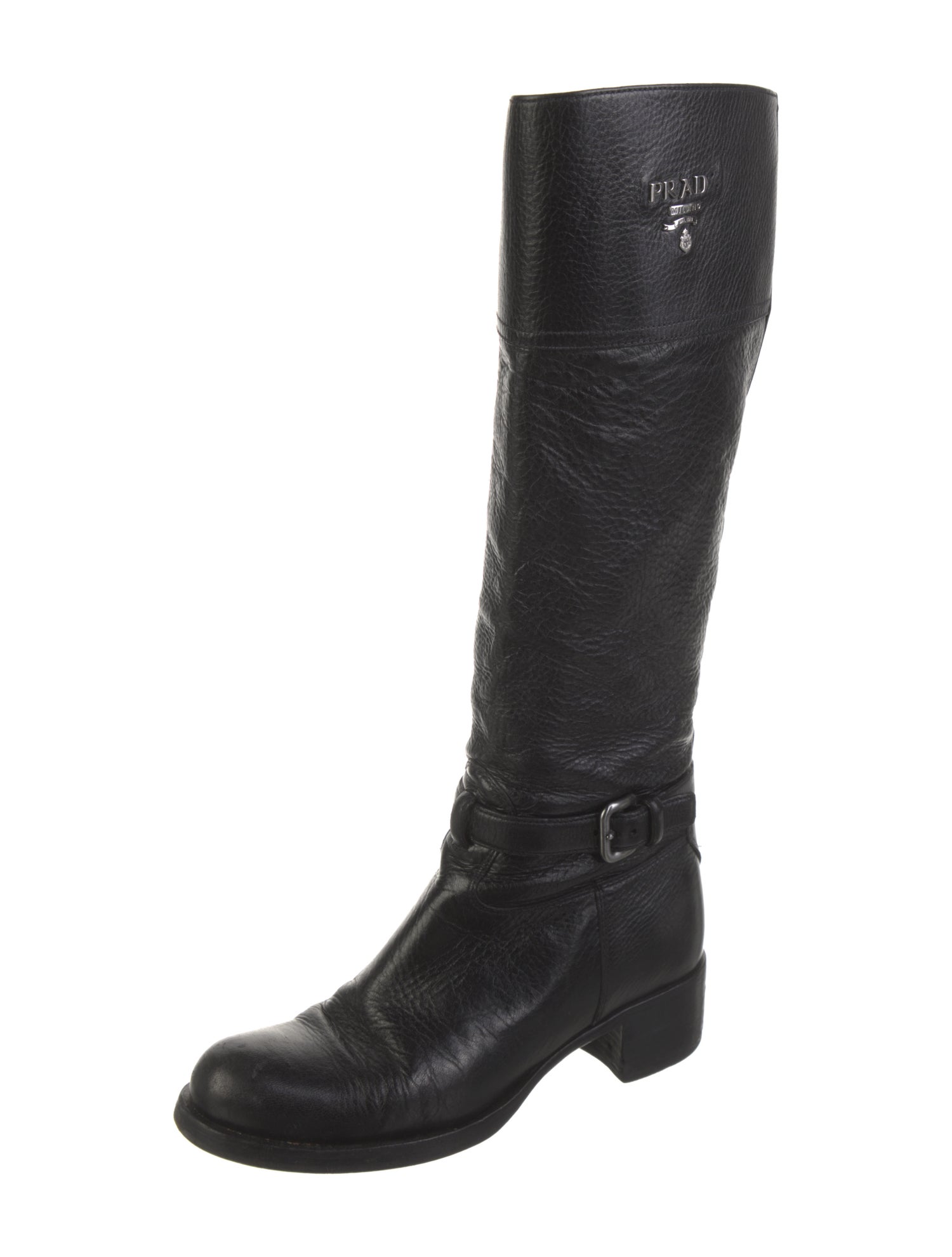 Prada Leather Graphic Print Riding Boots