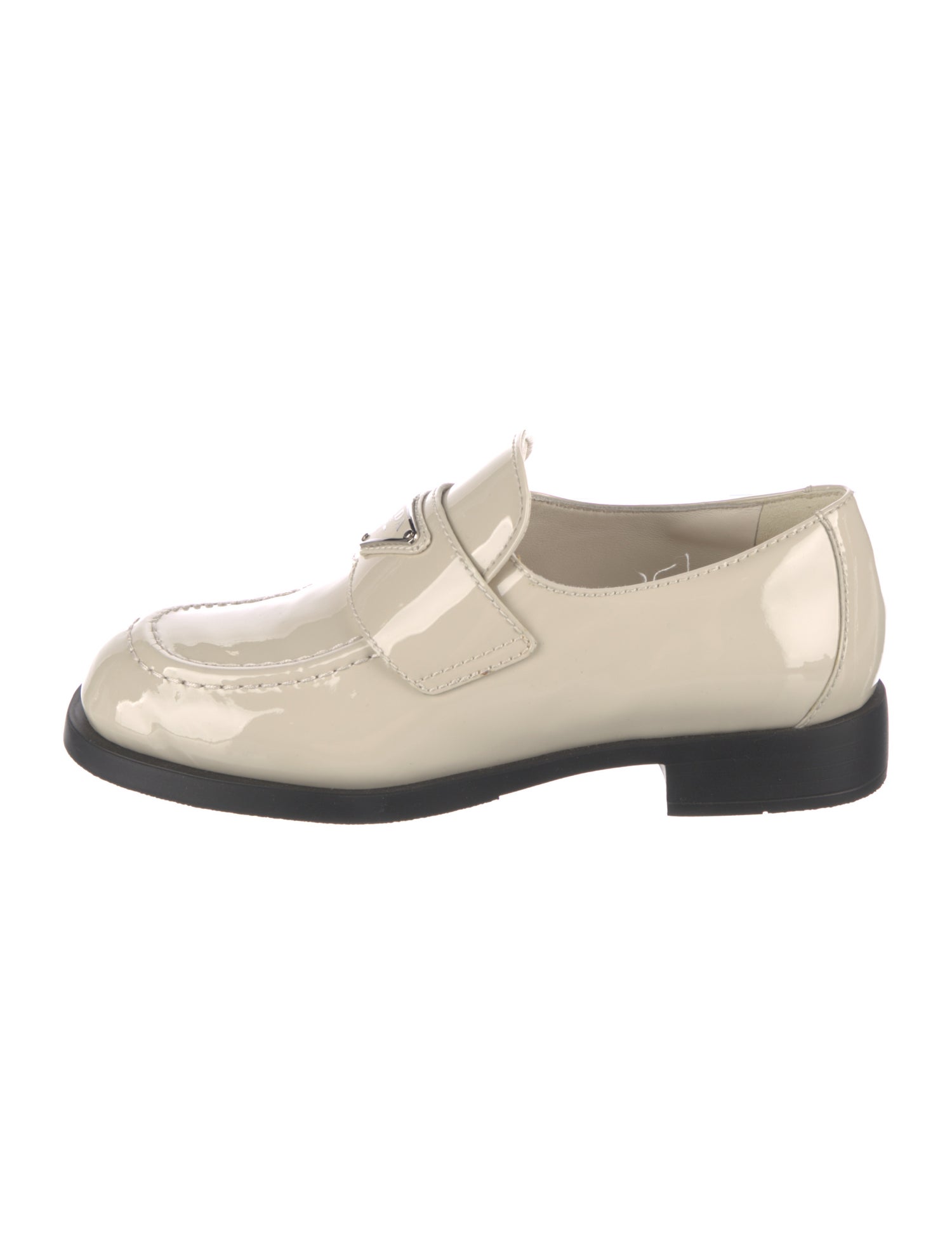 Prada Enameled Metal Triangle Patent Leather Loafers