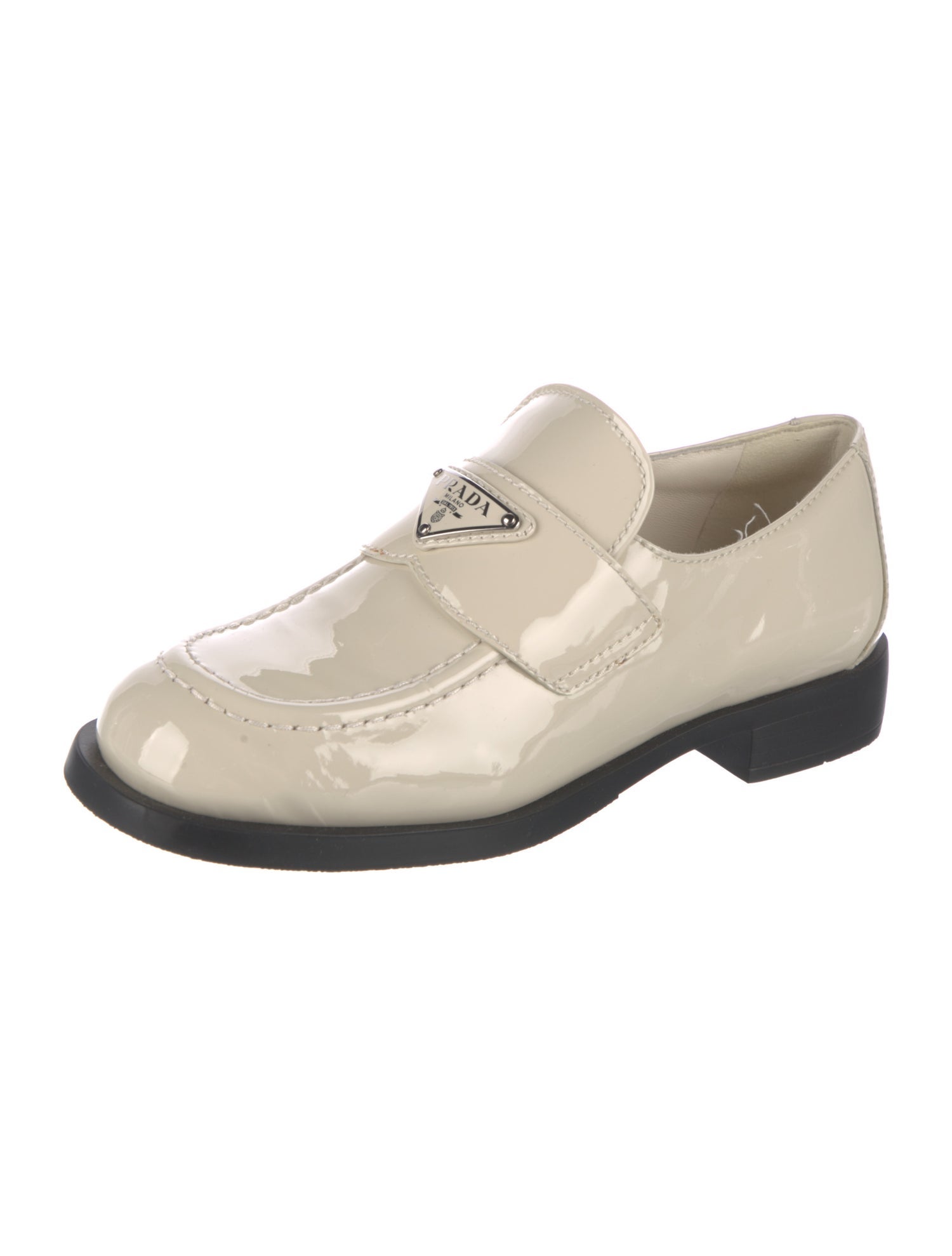Prada Enameled Metal Triangle Patent Leather Loafers