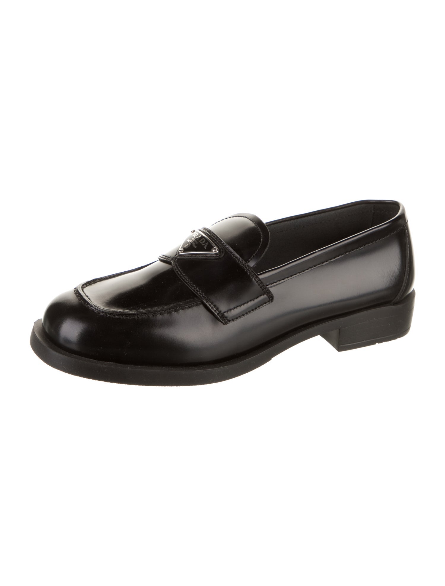 Prada Enameled Metal Triangle Leather Loafers