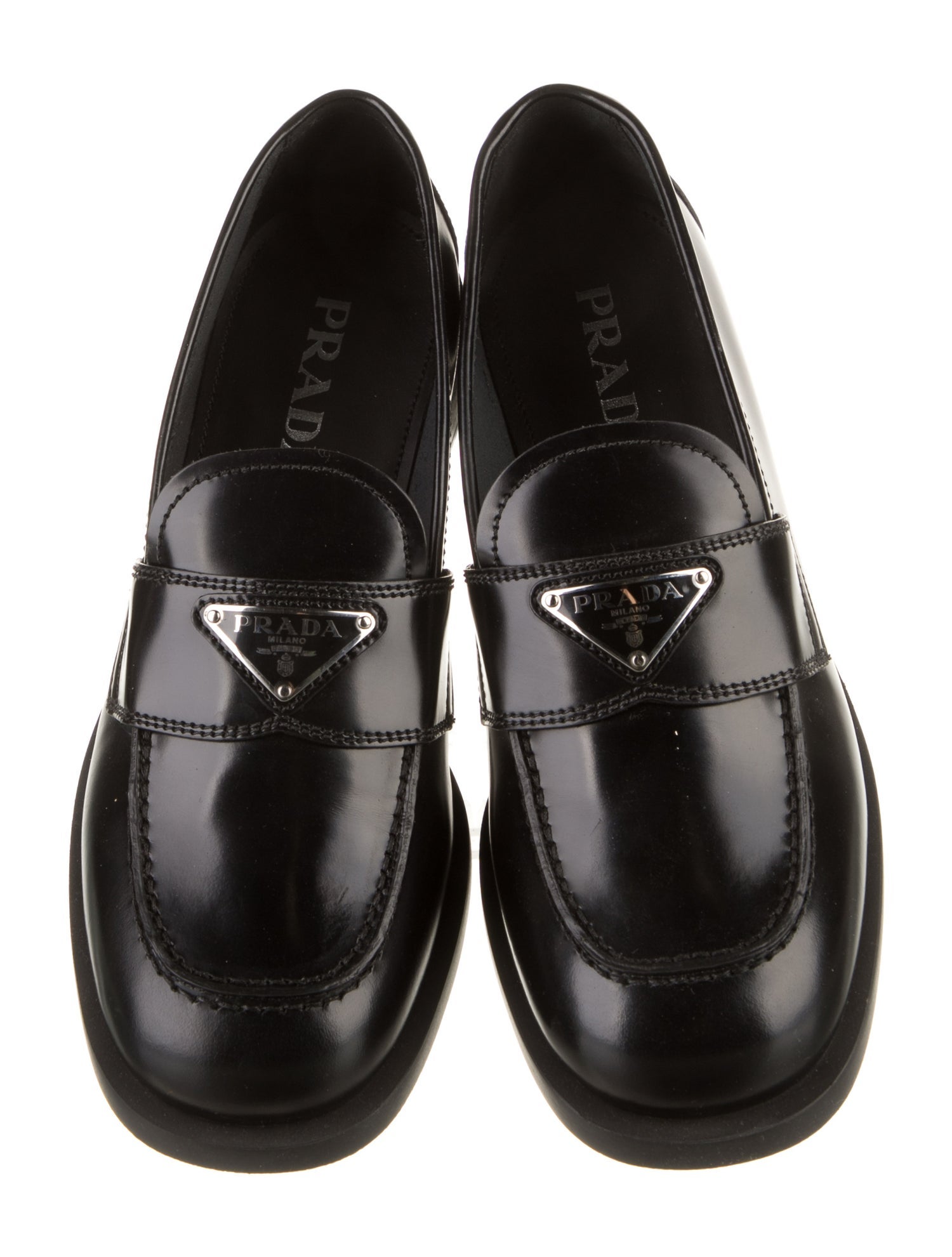 Prada Enameled Metal Triangle Leather Loafers