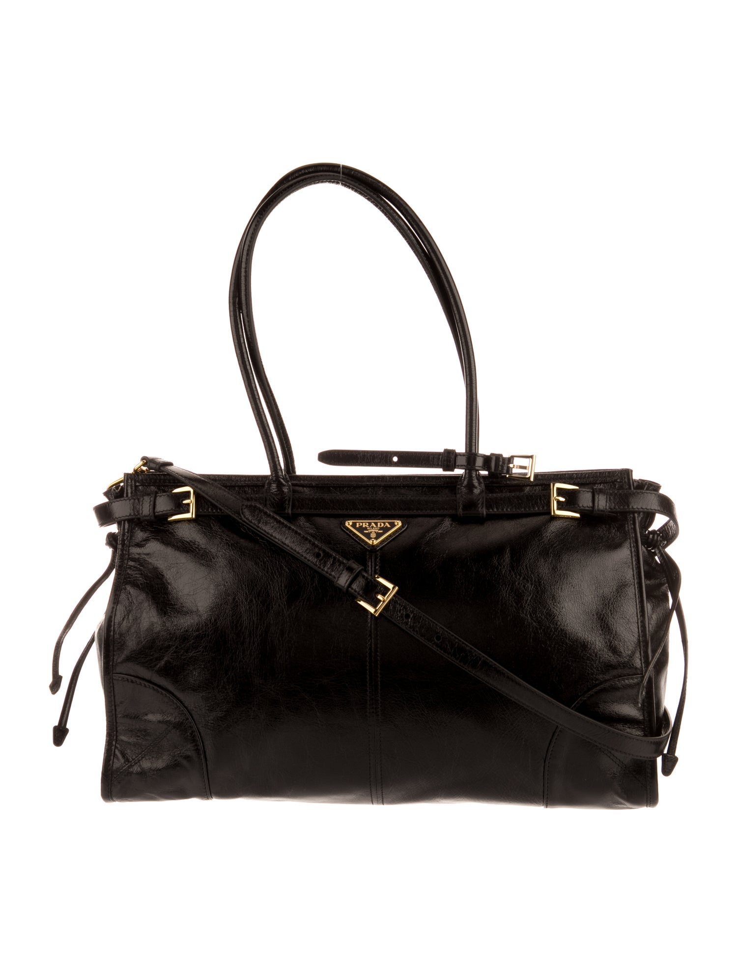 Prada Nappa Leather Belted Bonnie Large - Black Shoulder Bags