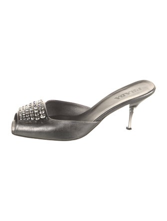 Prada Leather Crystal Embellishments Slides