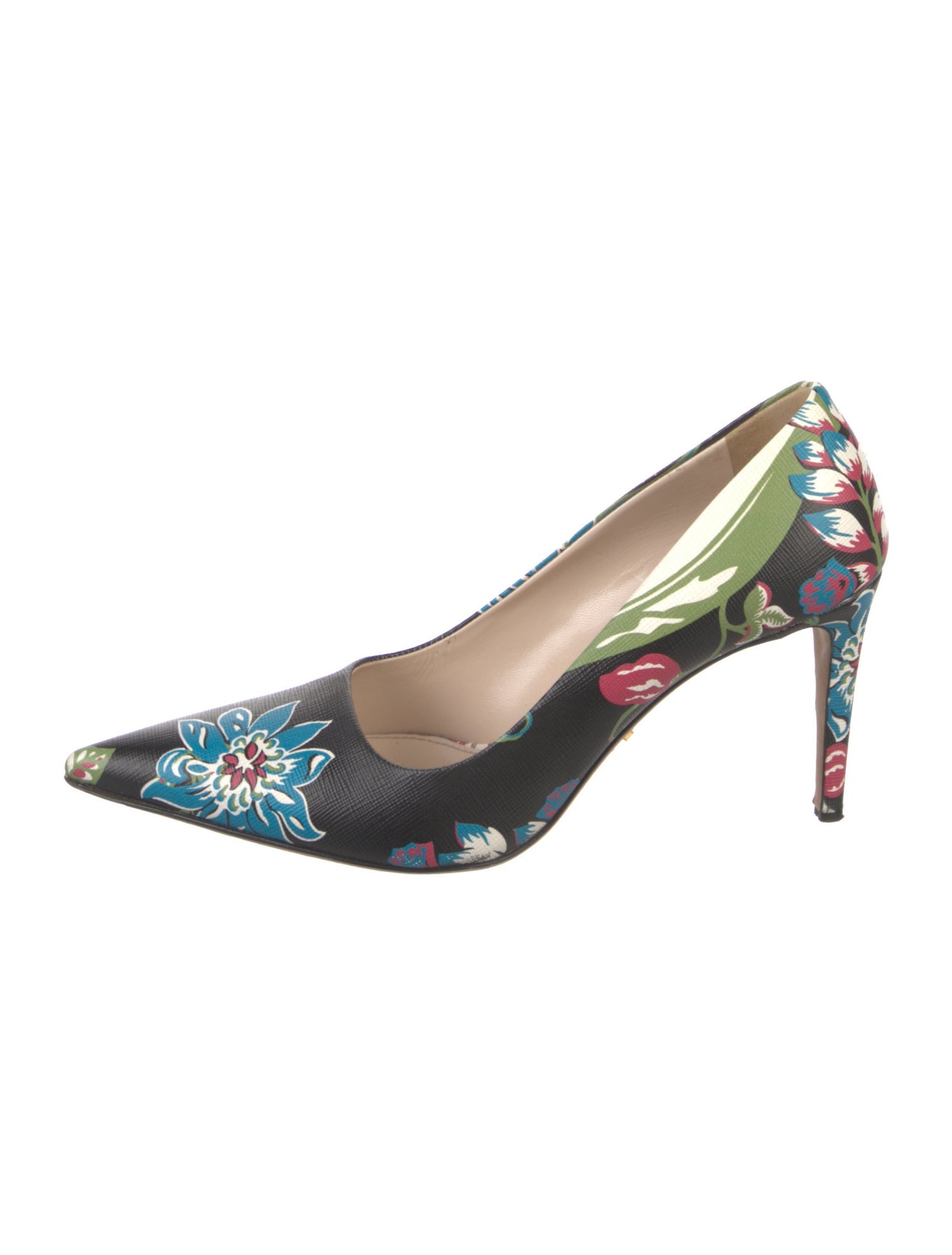 Prada Saffiano Leather Floral Print Slingback Pumps