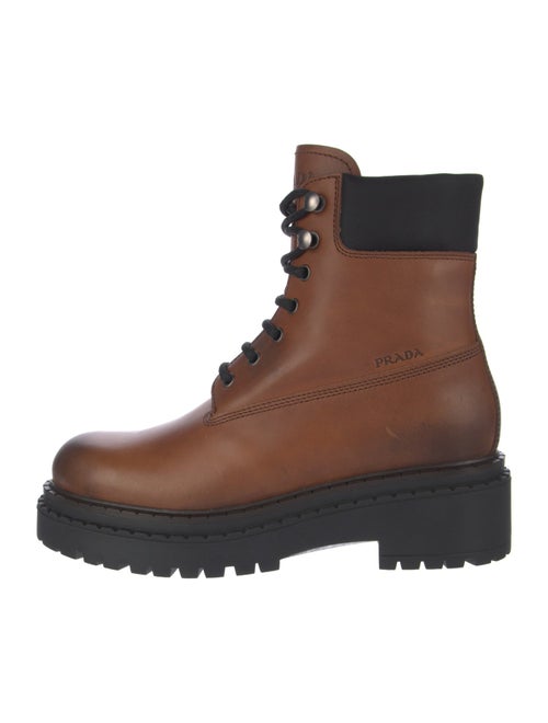 Prada Enameled Metal Triangle Leather Combat Boots