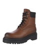 Prada Enameled Metal Triangle Leather Combat Boots