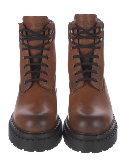 Prada Enameled Metal Triangle Leather Combat Boots