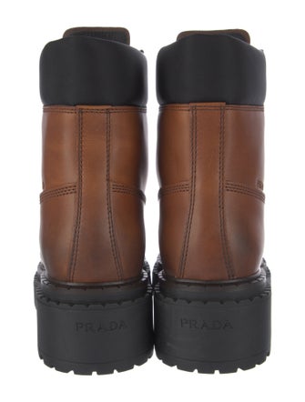 Prada Enameled Metal Triangle Leather Combat Boots
