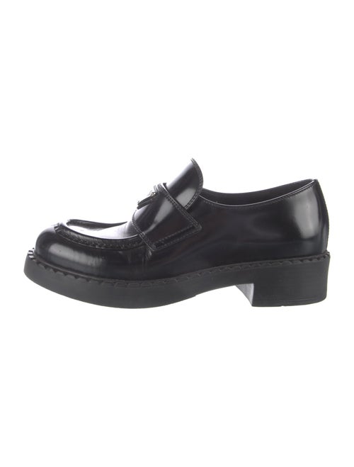 Prada Enameled Metal Triangle Leather Loafers